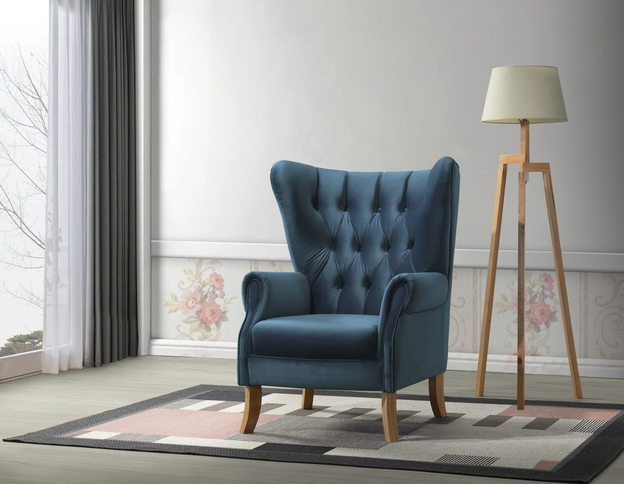 34" Azure Blue Velvet And Brown Solid Color Wingback Chair By Homeroots - Image 6