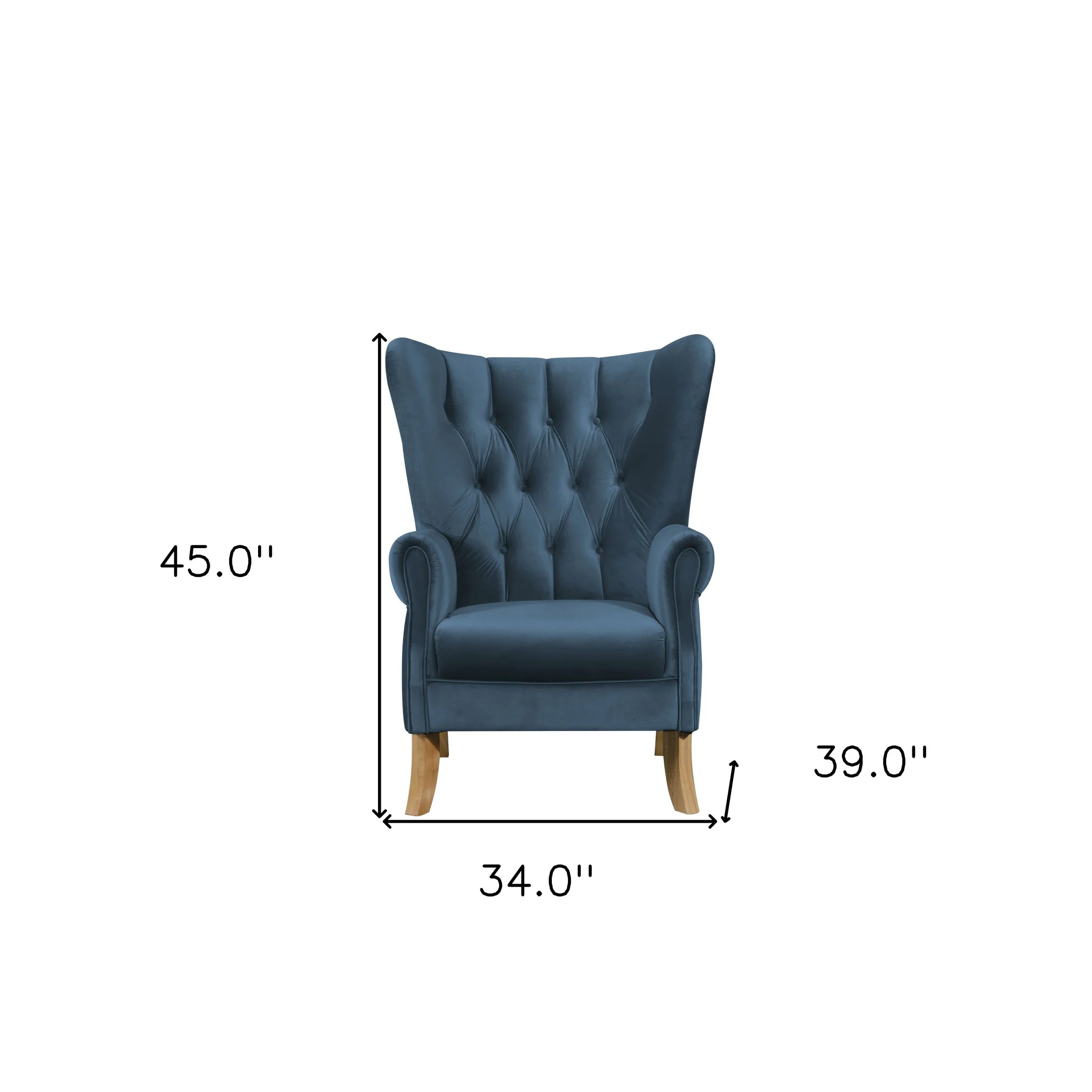 34" Azure Blue Velvet And Brown Solid Color Wingback Chair By Homeroots - Image 7