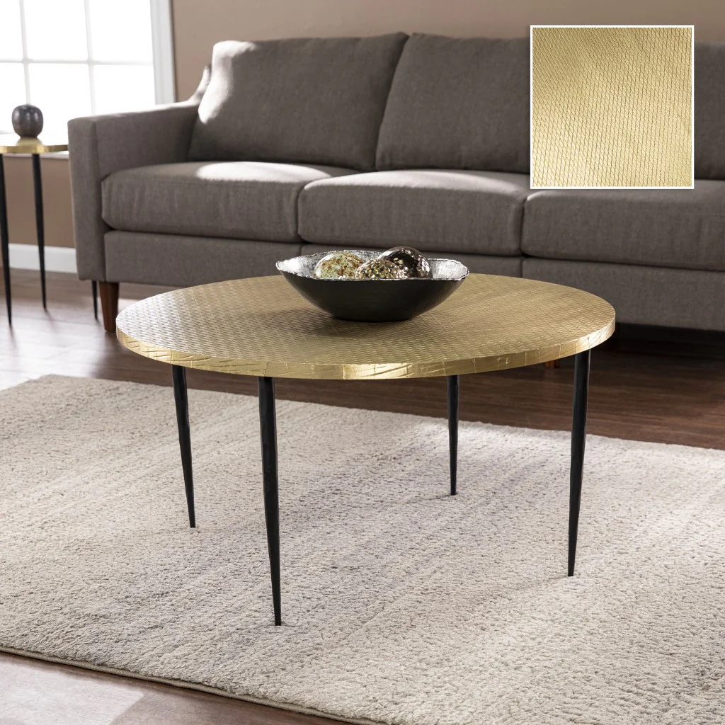 34" Black And Gold Embossed Metal Round Coffee Table By Homeroots - Image 8
