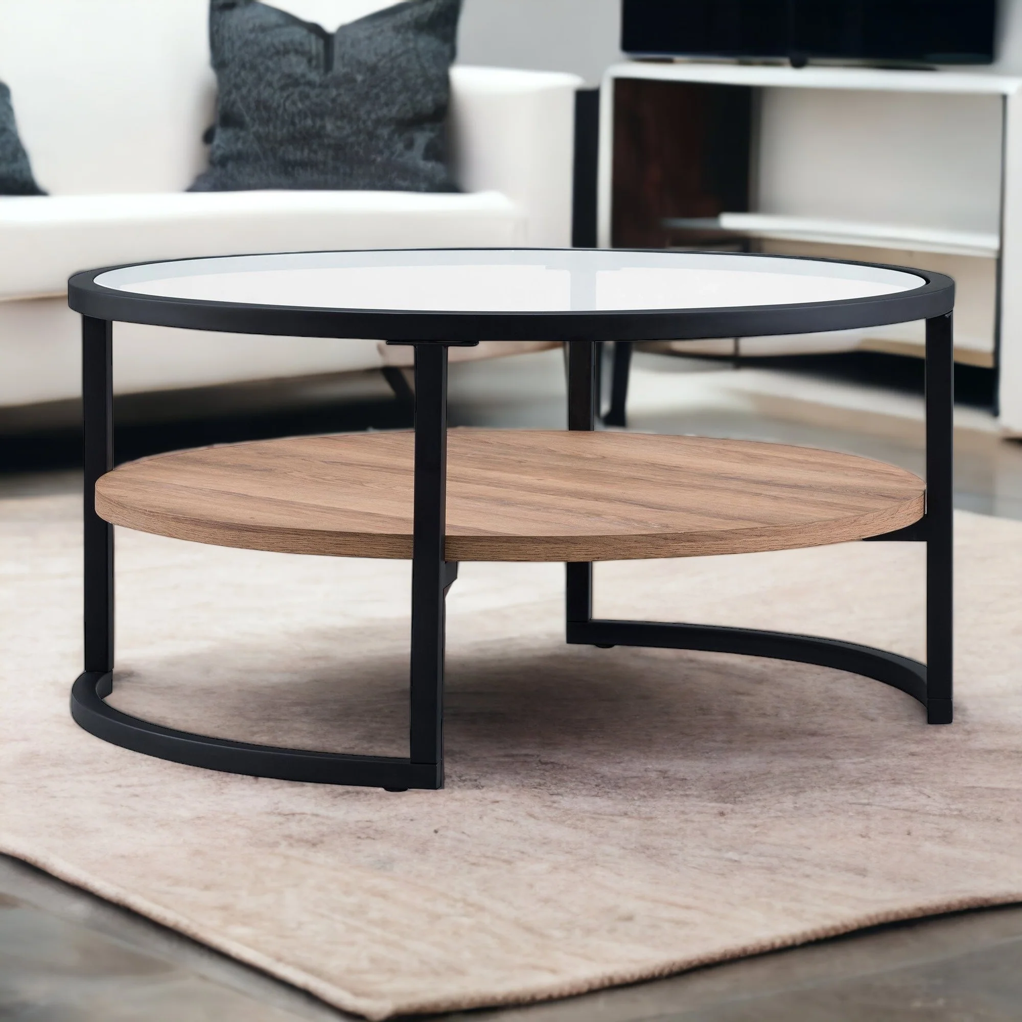 34" Black Brown and Glass Round Coffee Table With Shelf By Homeroots - Image 5