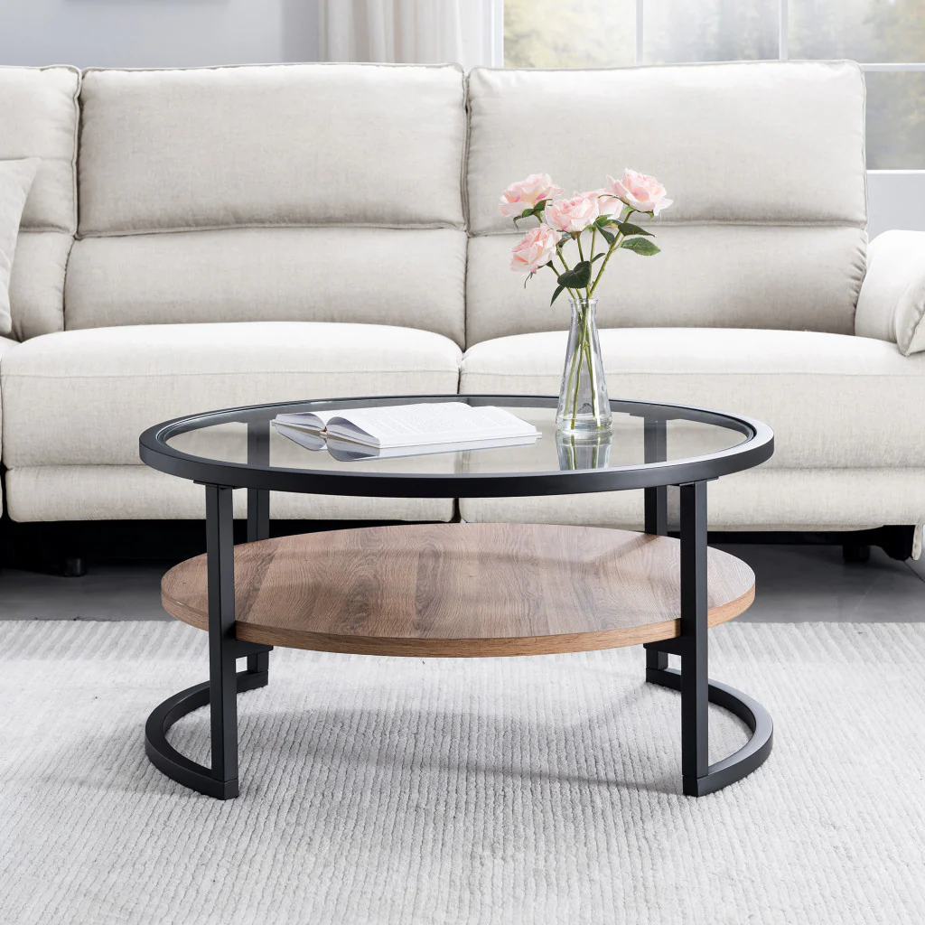 34" Black Brown and Glass Round Coffee Table With Shelf By Homeroots - Image 6