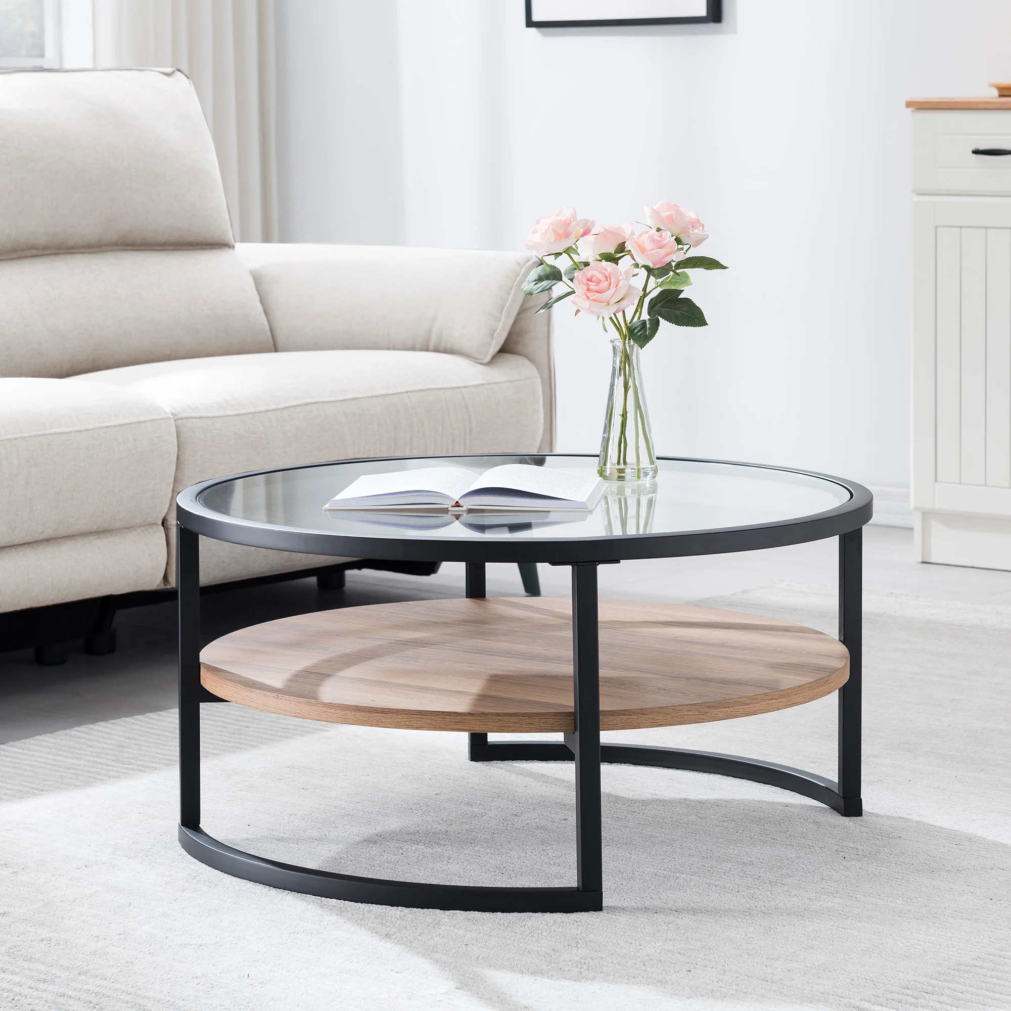 34" Black Brown and Glass Round Coffee Table With Shelf By Homeroots - Image 7