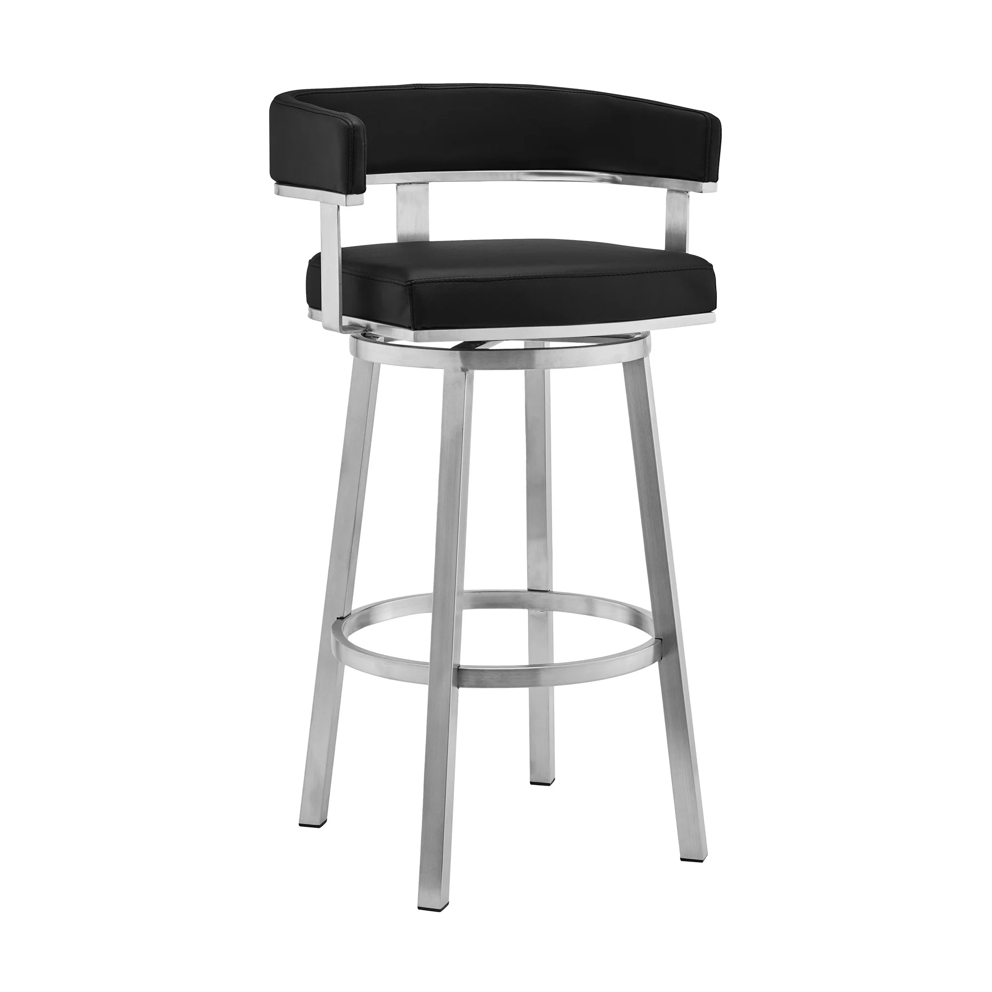 34" Black Faux Leather And Silver Swivel Low Back Counter Height Bar Chair By Homeroots - Image 2
