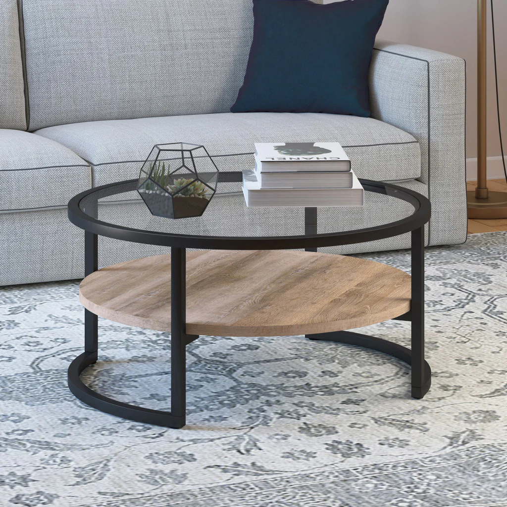 34" Black Glass Round Coffee Table With Shelf By Homeroots - Image 4