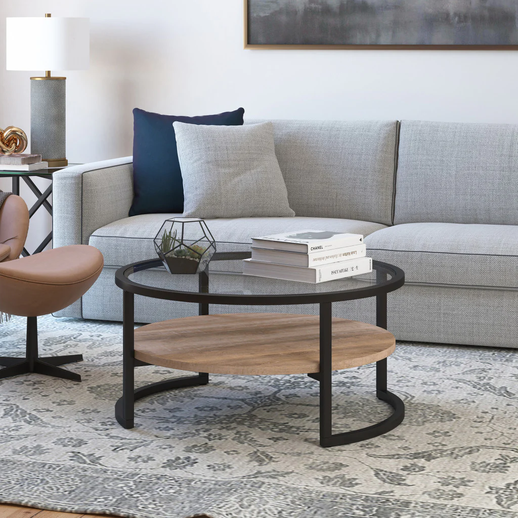 34" Black Glass Round Coffee Table With Shelf By Homeroots - Image 6