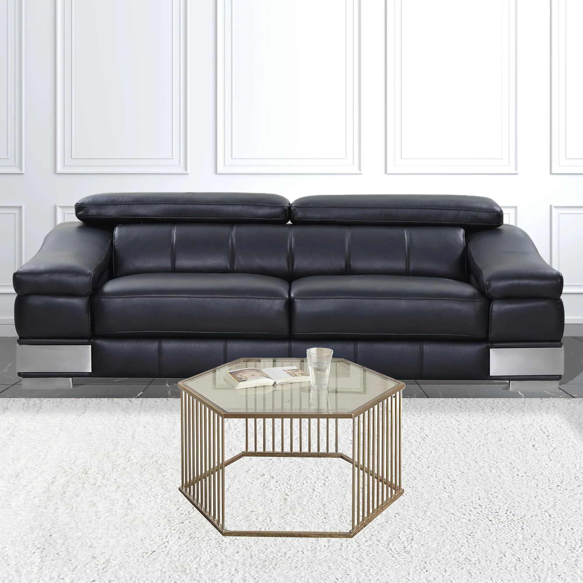 34" Champagne And Clear Glass And Metal Hexagon Coffee Table By Homeroots - Image 2
