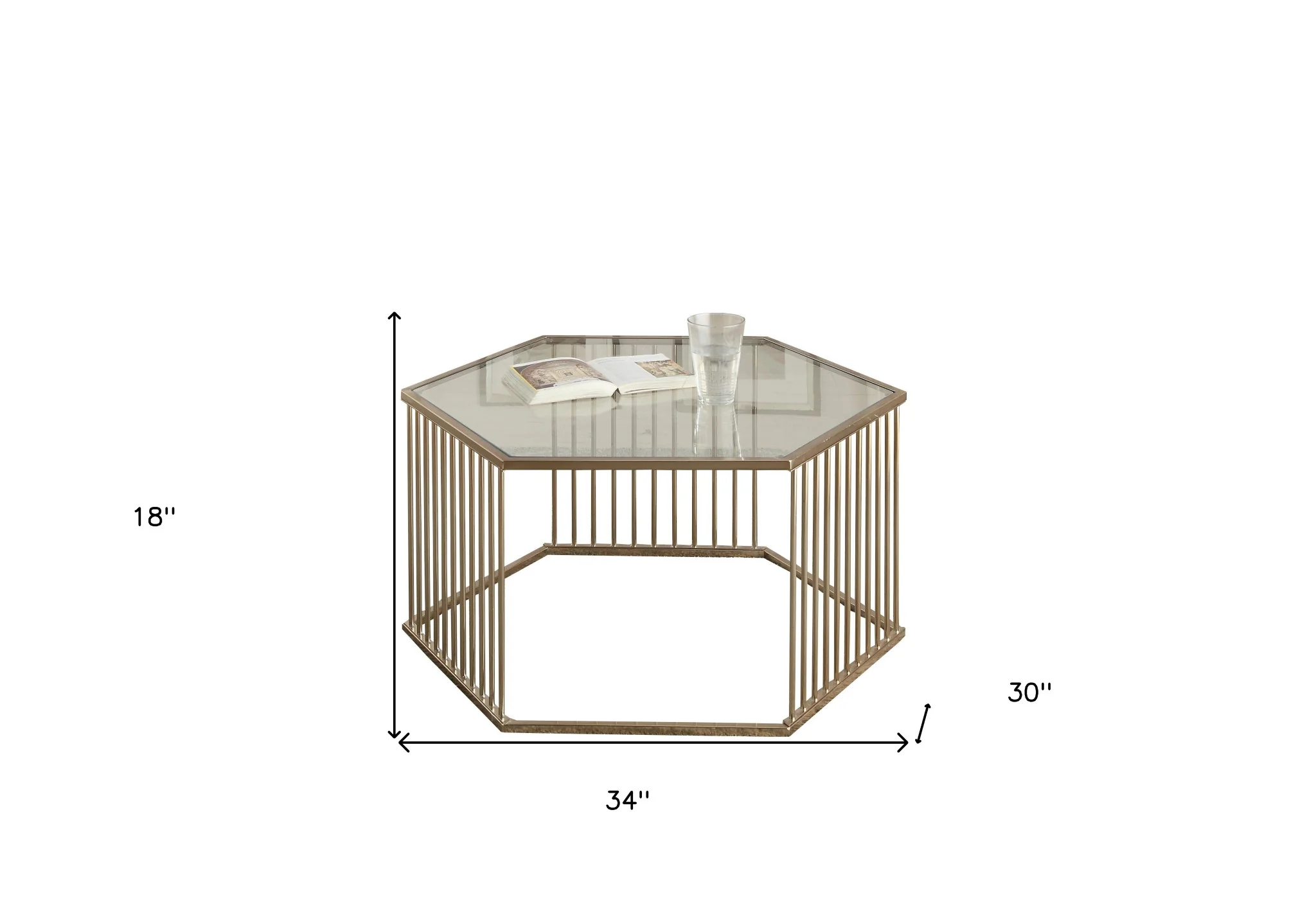 34" Champagne And Clear Glass And Metal Hexagon Coffee Table By Homeroots - Image 5