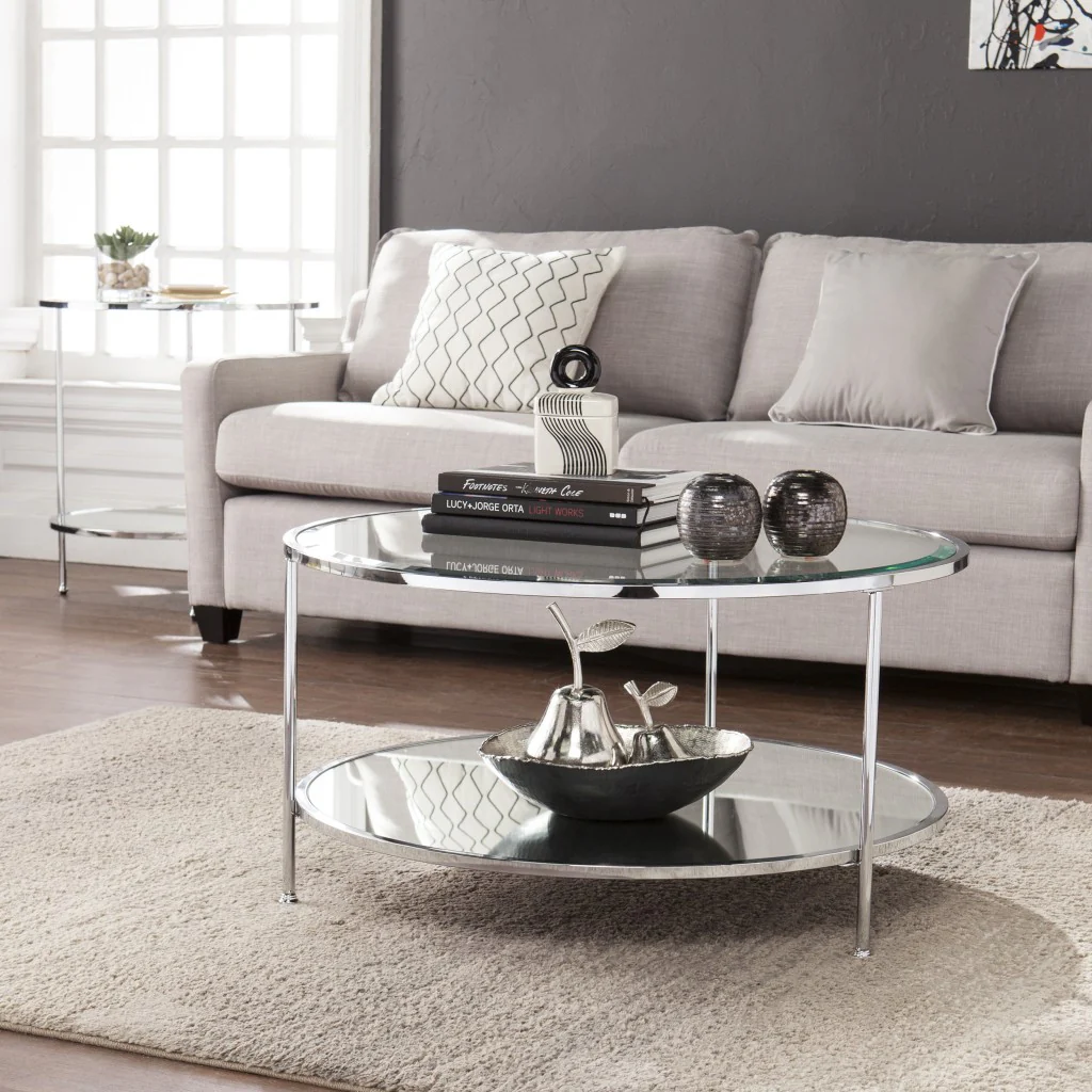 34" Chrome Glass And Metal Round Mirrored Coffee Table By Homeroots - Image 2