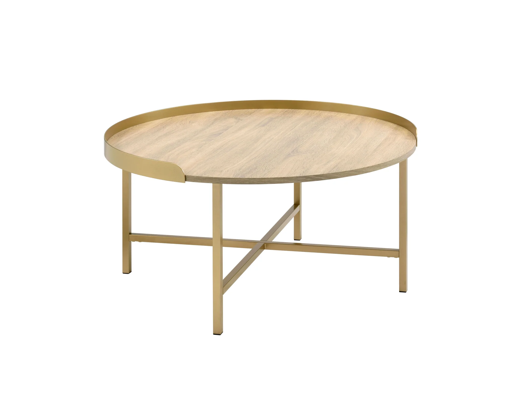 34" Gold And Oak Manufactured Wood And Metal Round Coffee Table By Homeroots - Image 2
