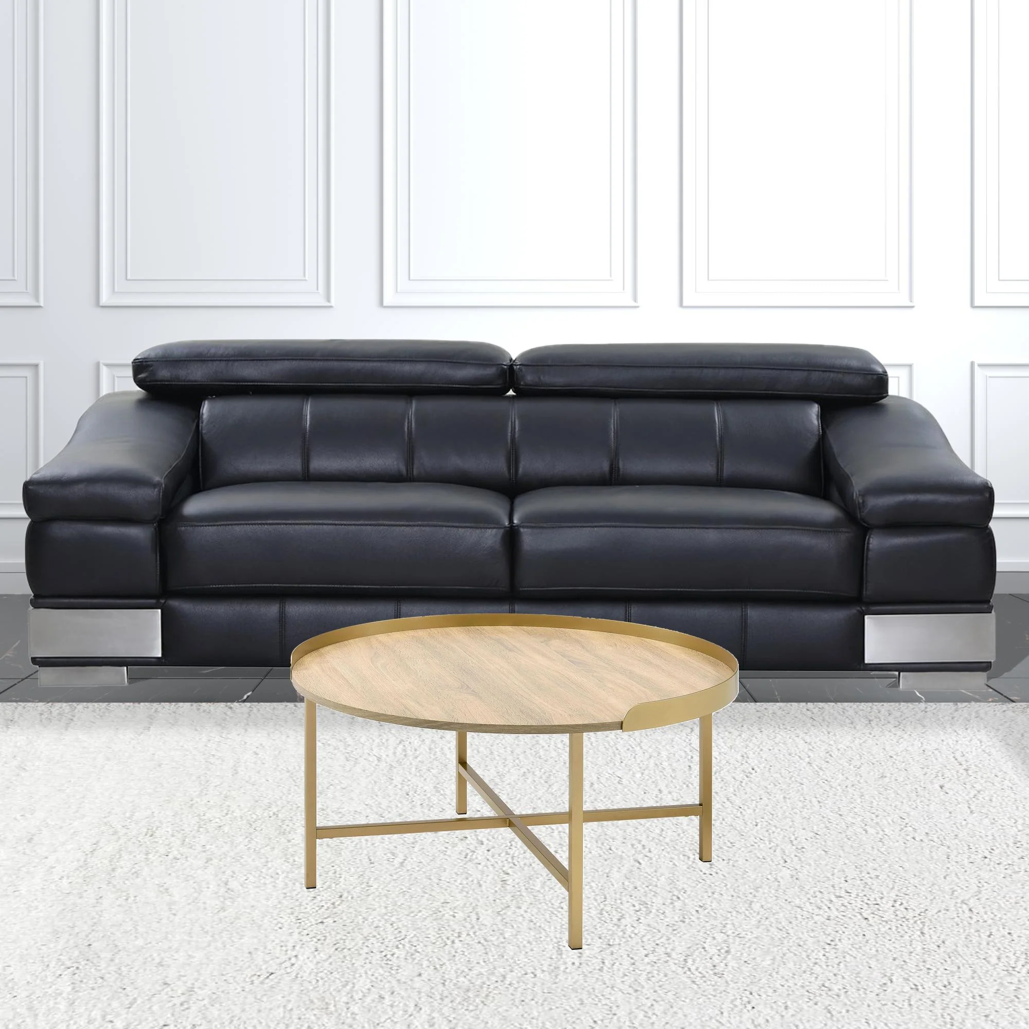 34" Gold And Oak Manufactured Wood And Metal Round Coffee Table By Homeroots - Image 3