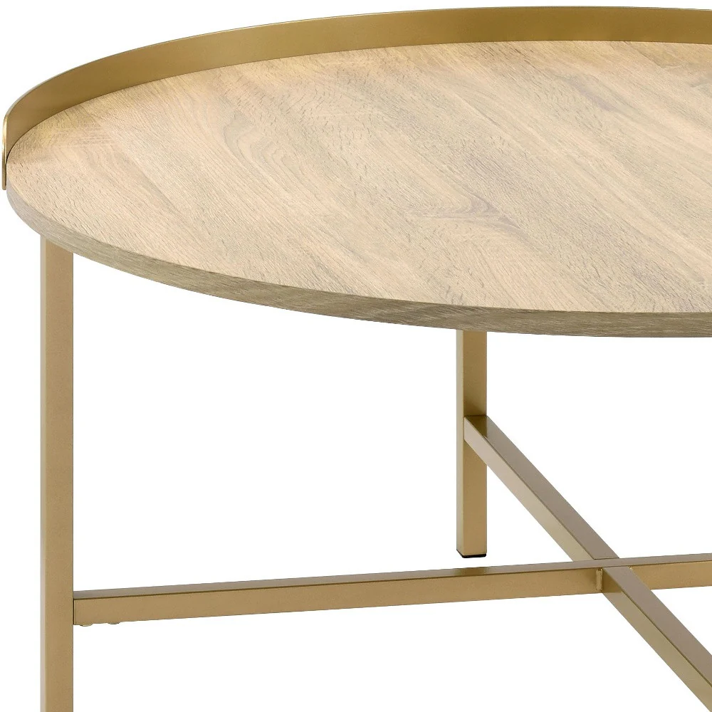 34" Gold And Oak Manufactured Wood And Metal Round Coffee Table By Homeroots - Image 4
