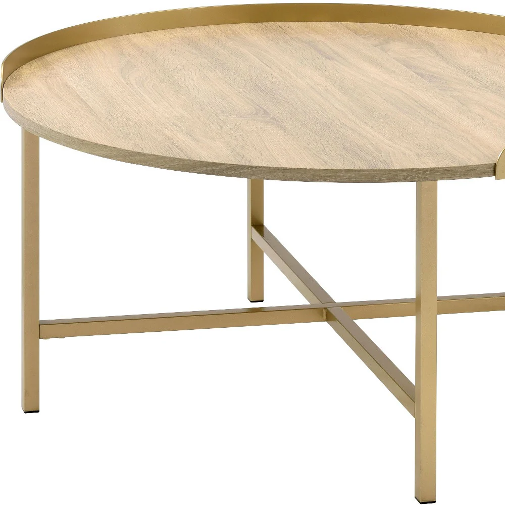 34" Gold And Oak Manufactured Wood And Metal Round Coffee Table By Homeroots - Image 5