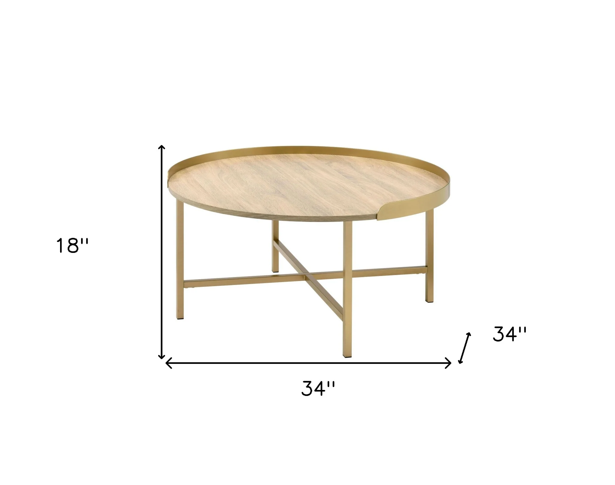 34" Gold And Oak Manufactured Wood And Metal Round Coffee Table By Homeroots - Image 6