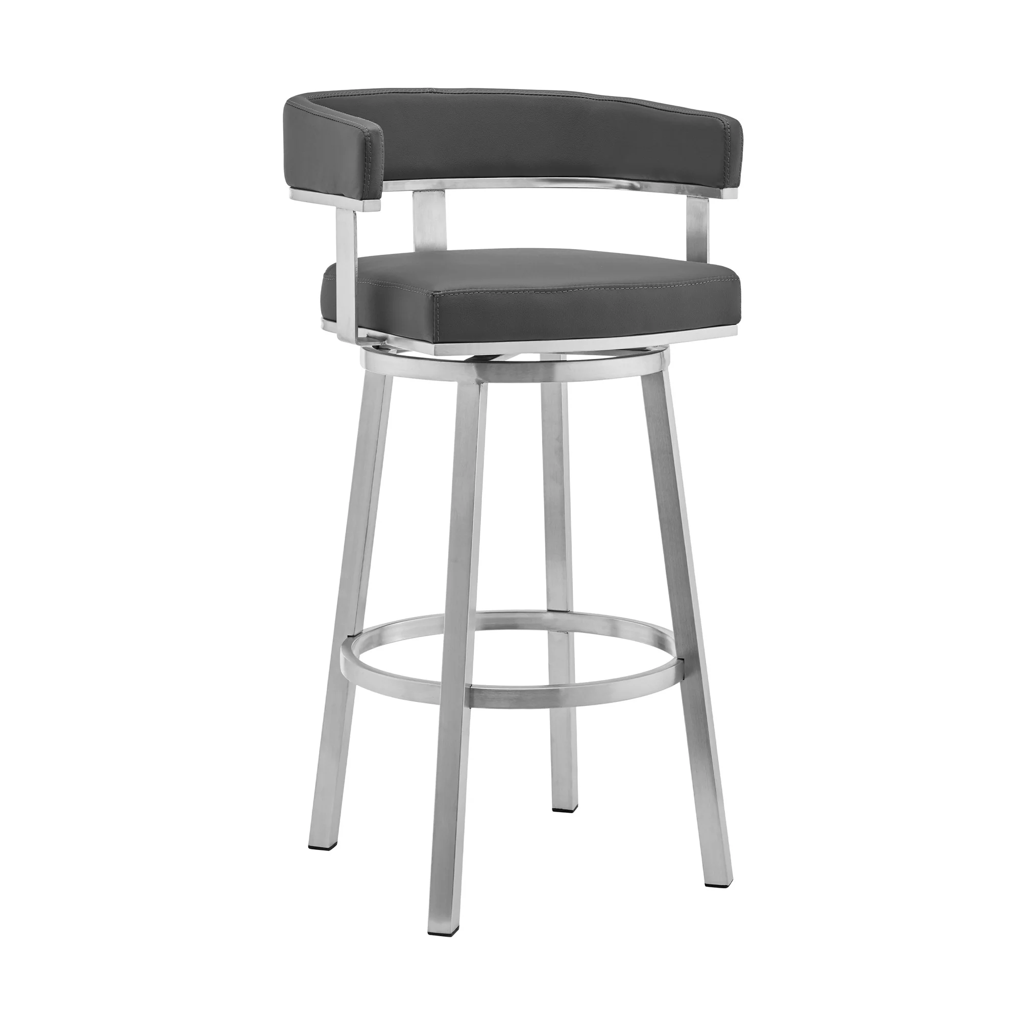34" Gray And Silver Faux Leather And Iron Swivel Low Back Counter Height Bar Chair With Footrest By Homeroots - Image 2