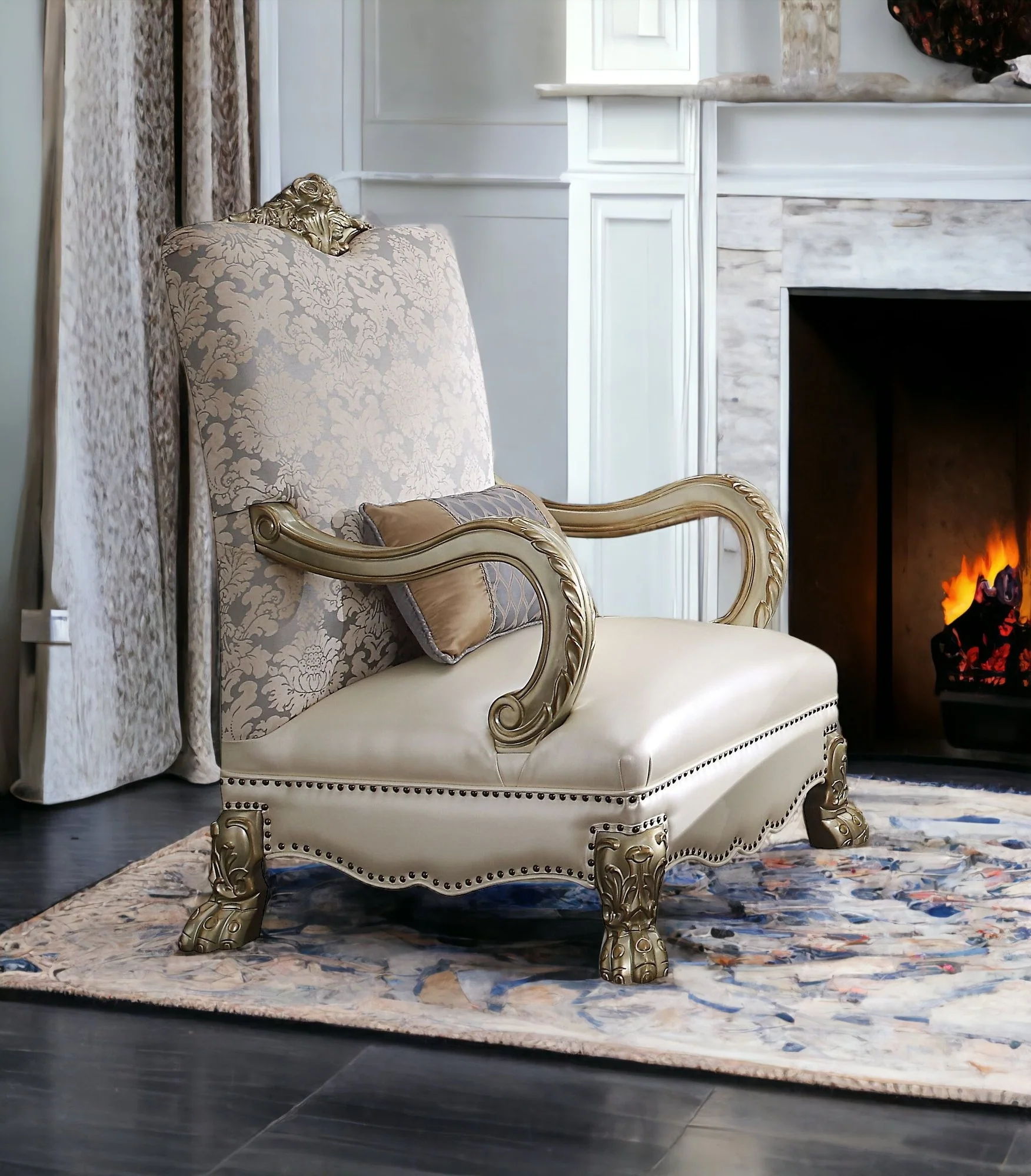 34" Pearl and Gold Faux Leather Damask Arm Chair By Homeroots - Image 2