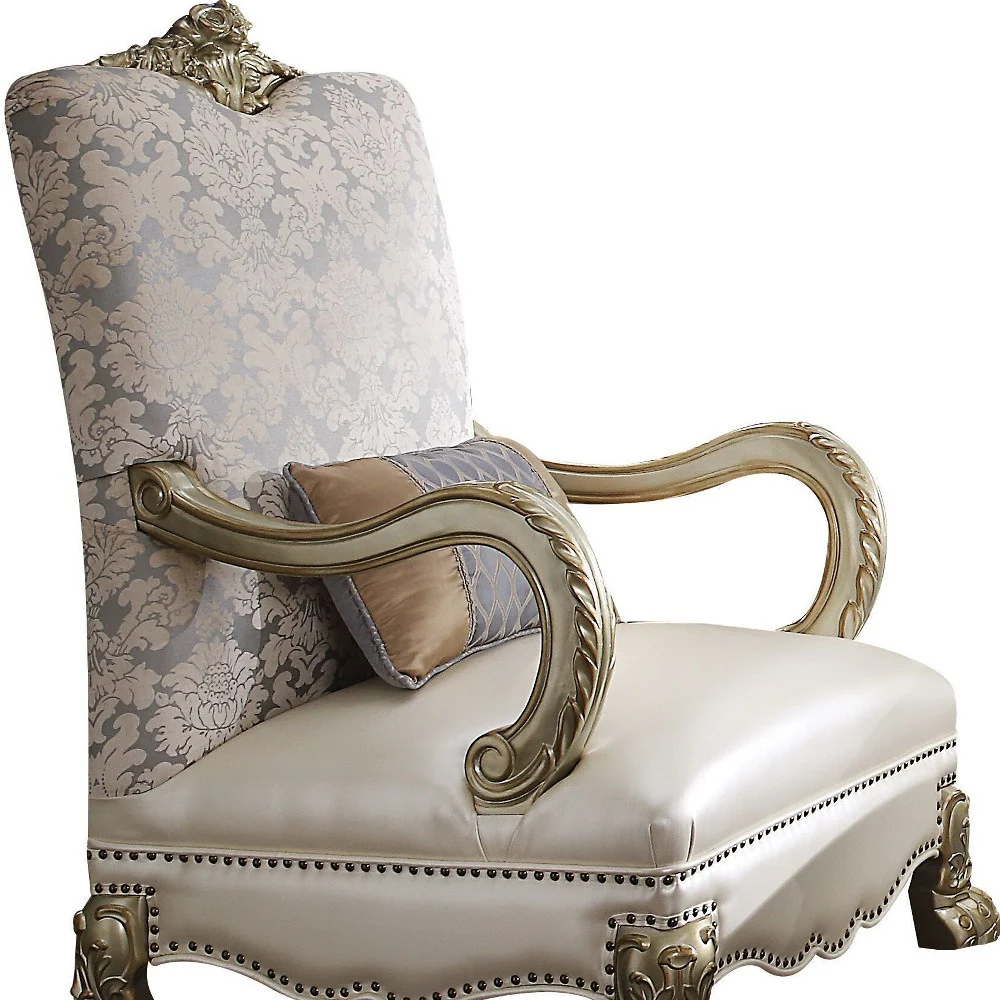 34" Pearl and Gold Faux Leather Damask Arm Chair By Homeroots - Image 4