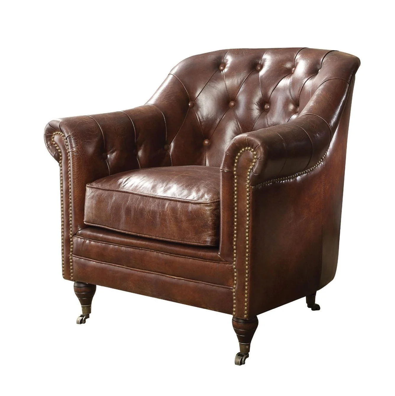 34" Top Grain Leather And Brown Tufted Chesterfield Chair By Homeroots - Image 3