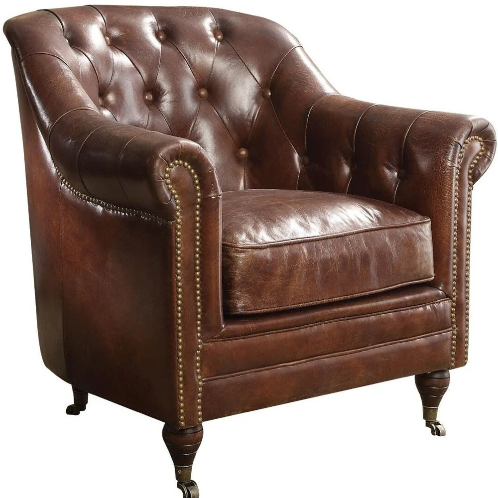 34" Top Grain Leather And Brown Tufted Chesterfield Chair By Homeroots - Image 4