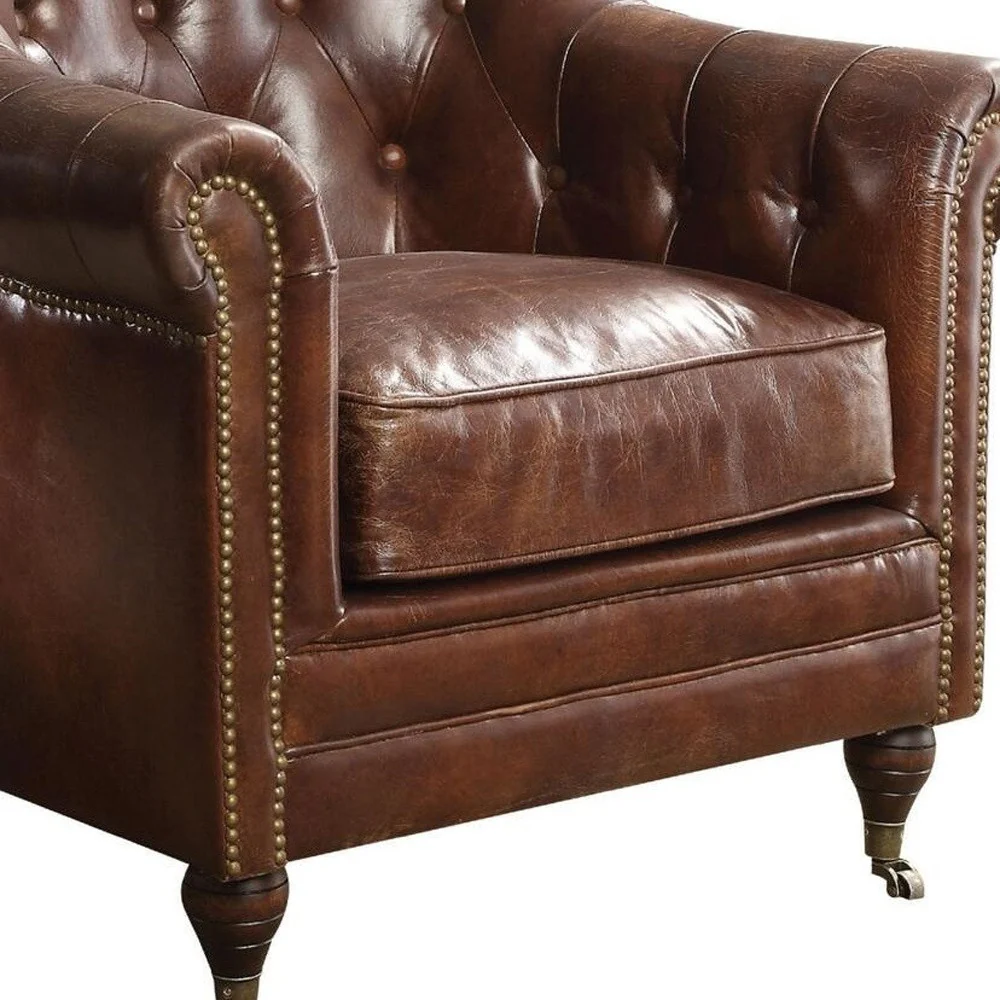 34" Top Grain Leather And Brown Tufted Chesterfield Chair By Homeroots - Image 5