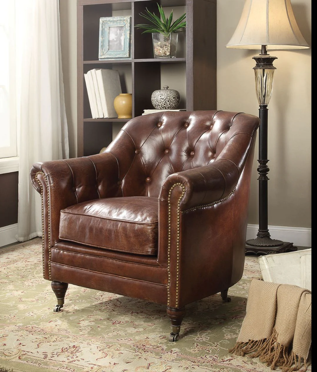 34" Top Grain Leather And Brown Tufted Chesterfield Chair By Homeroots - Image 6