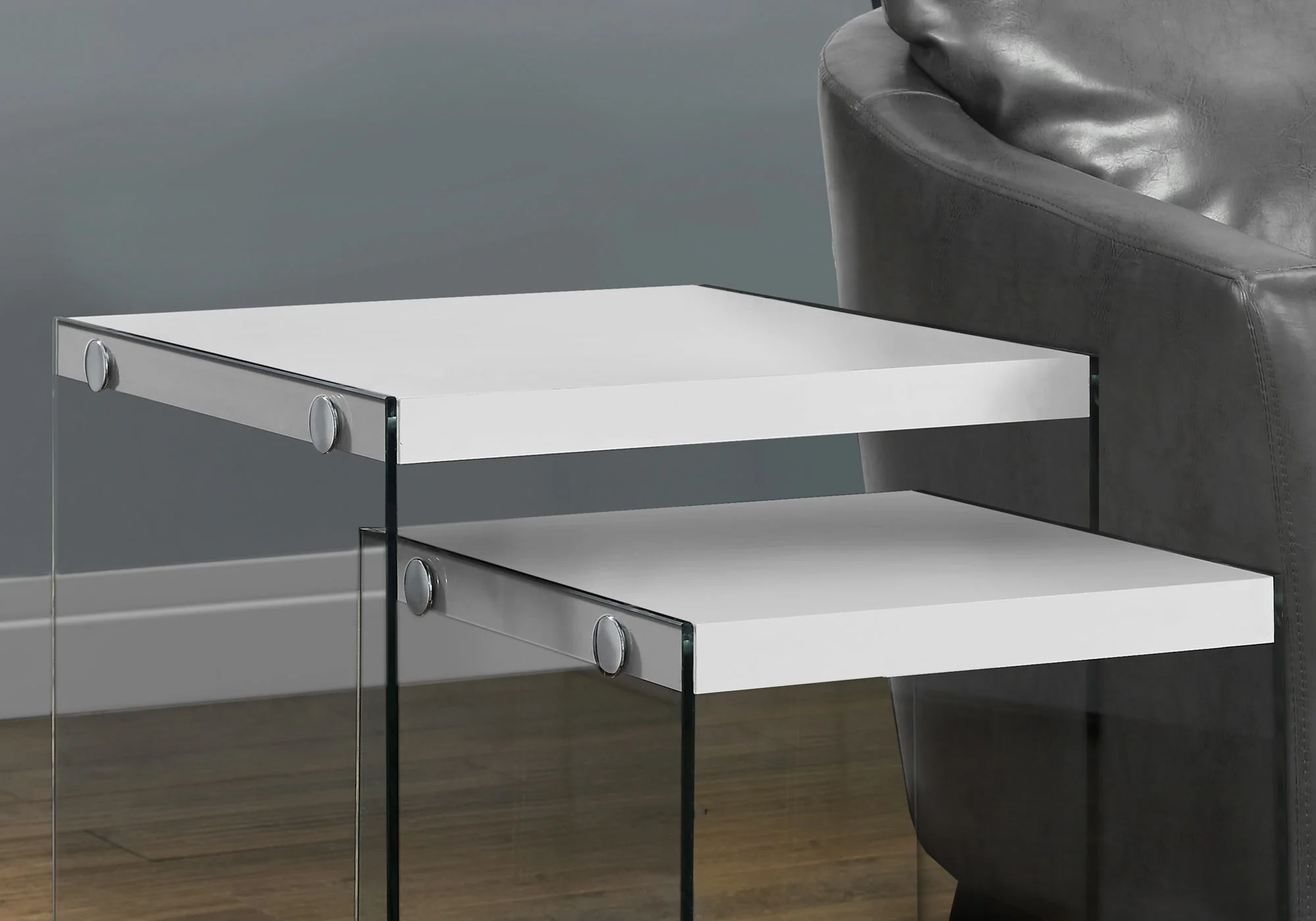35.5" Glossy White Particle Board and Clear Glass Two Pieces Nesting Table Set By Homeroots - Image 3