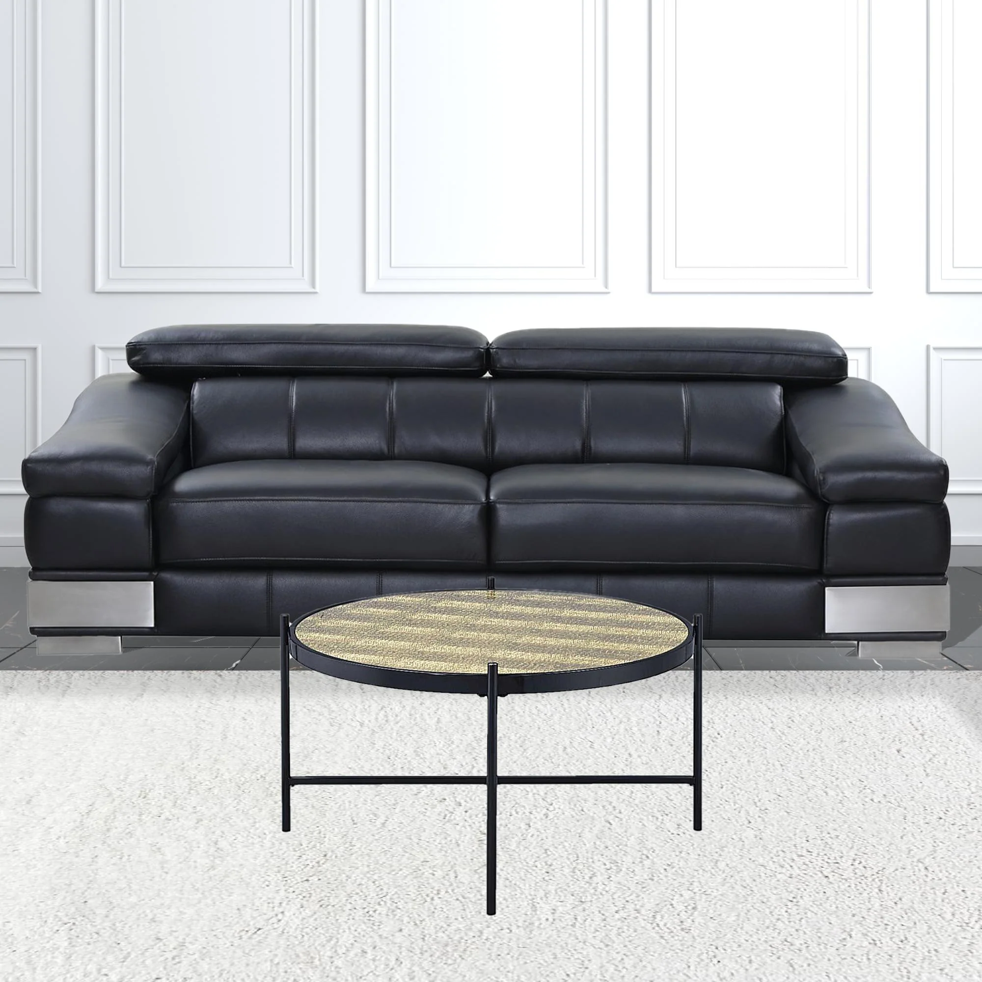 35" Black And Gold Glass And Manufactured Wood Round Coffee Table By Homeroots - Image 2