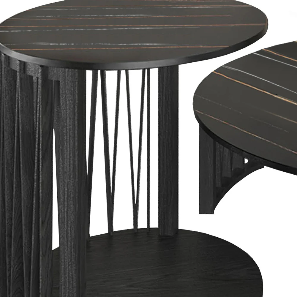 35" Black Marble And Solid Wood Round Nested Coffee Tables By Homeroots - Image 3