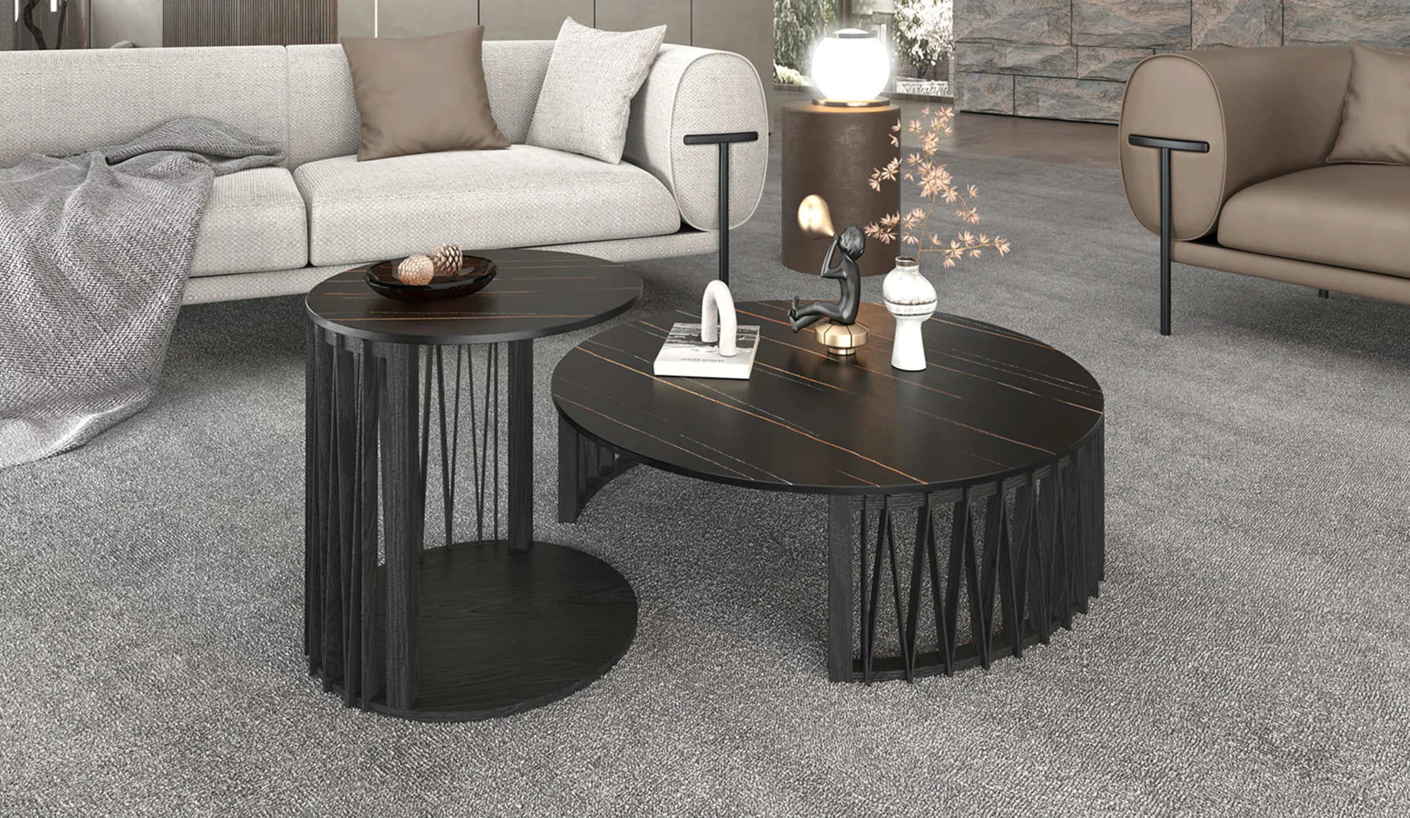 35" Black Marble And Solid Wood Round Nested Coffee Tables By Homeroots - Image 5