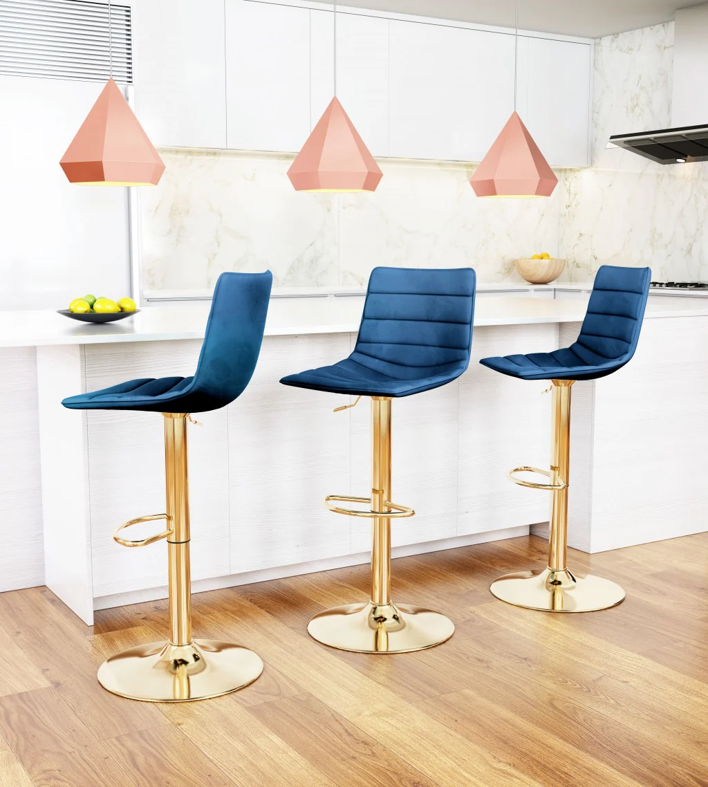 35" Dark Blue And Gold Steel Low Back Counter Height Bar Chair With Footrest By Homeroots - Image 8