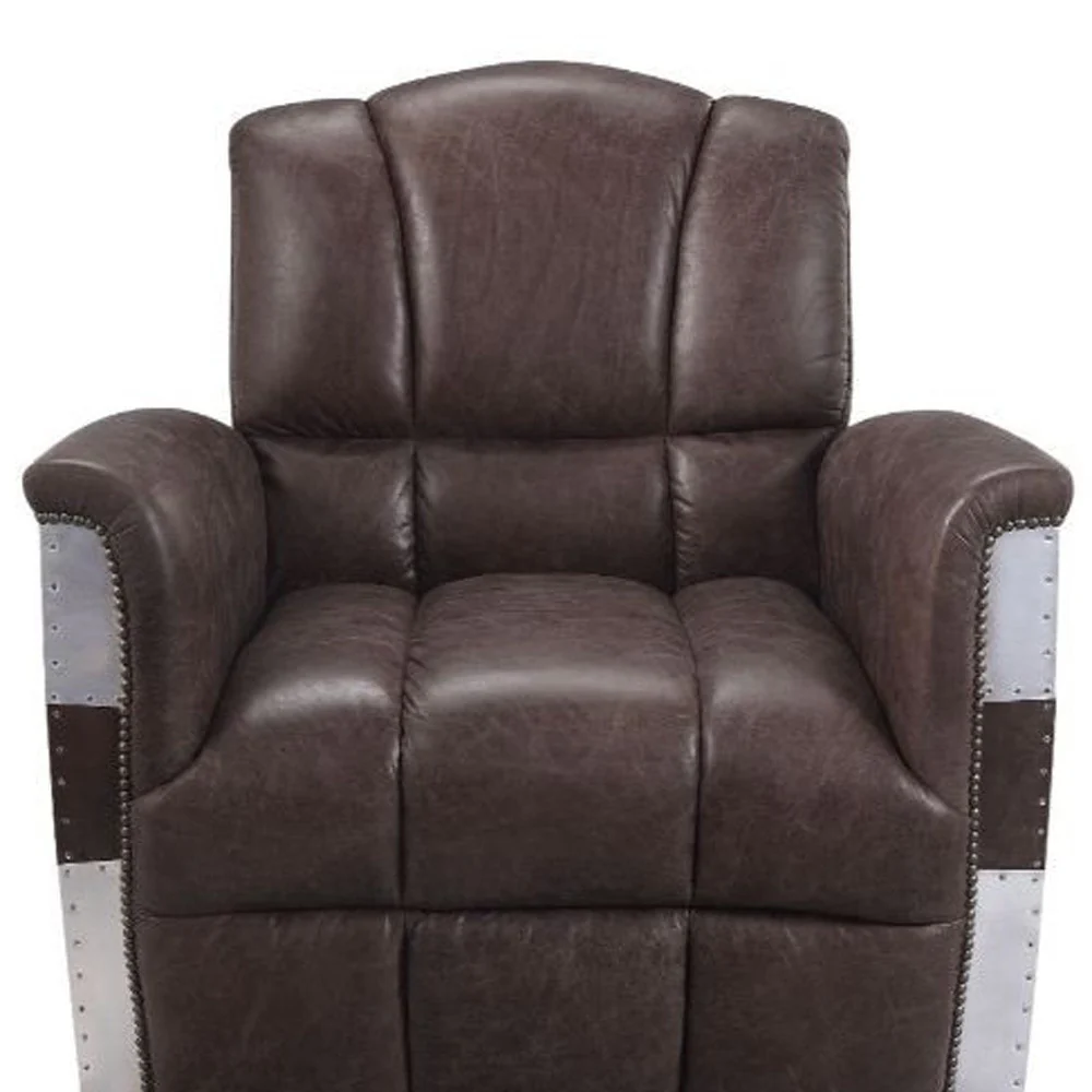 35" Retro Brown Top Grain Leather And Steel Patchwork Club Chair By Homeroots - Image 4