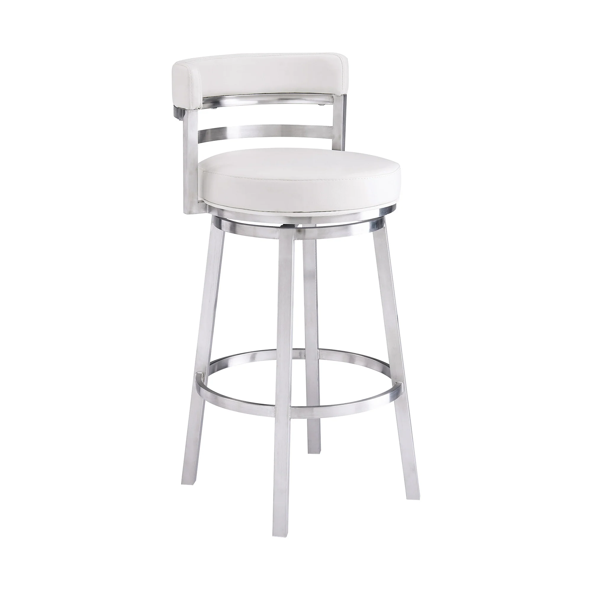 35" White And Silver Faux Leather And Iron Swivel Low Back Counter Height Bar Chair With Footrest By Homeroots - Image 2