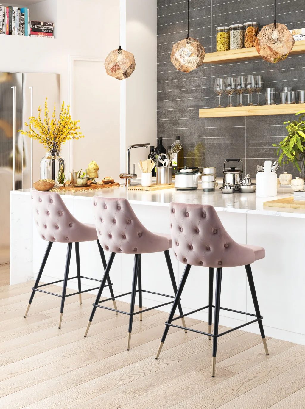 36" Pink Tufted Velvet and Black Counter Height Bar Chair With Footrest By Homeroots - Image 6