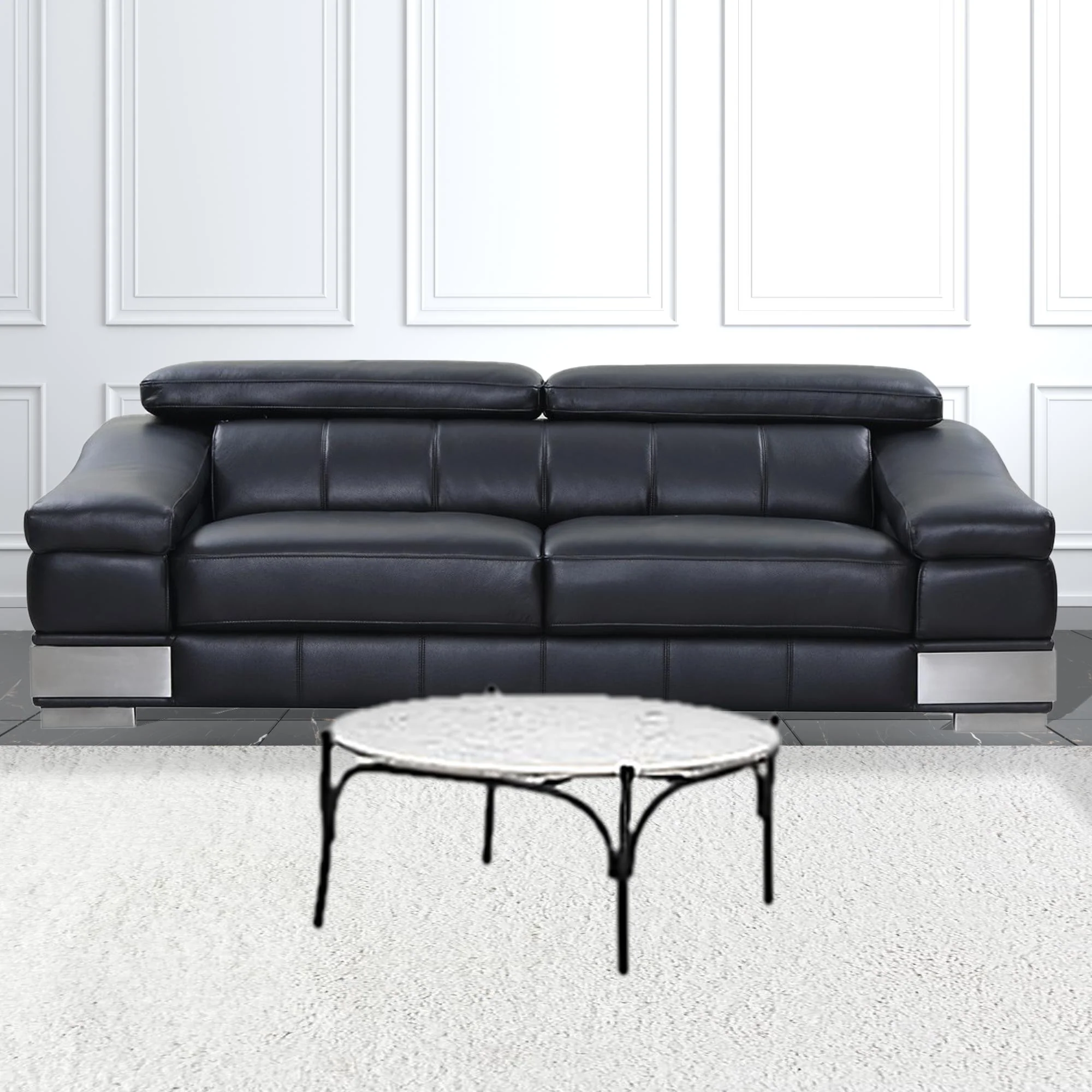 36' Round White Marble Top Black and Metal Base Coffee Table By Homeroots - Image 3