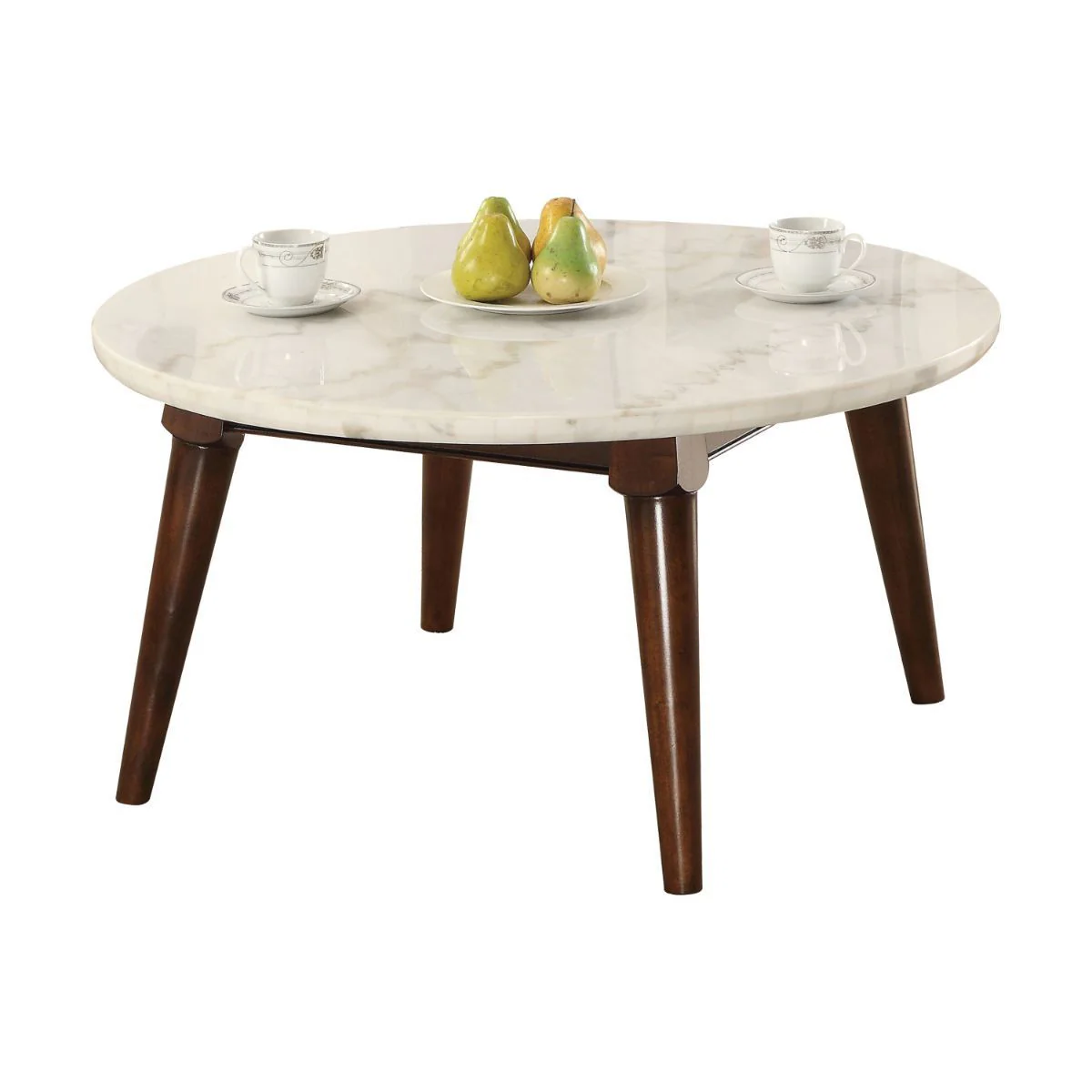 36" Walnut And Marble Faux Marble Round Coffee Table By Homeroots - Image 2