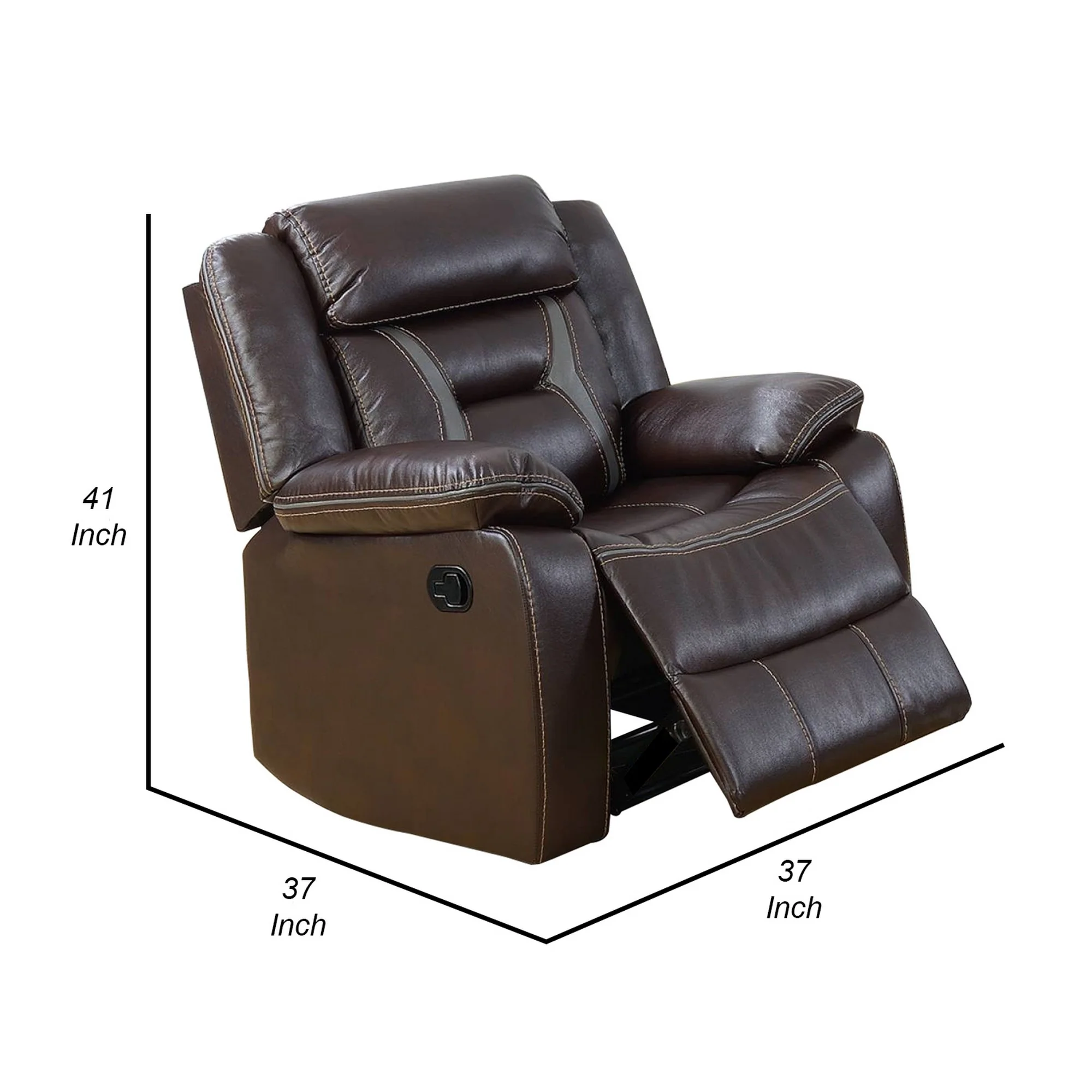 37 Inches Leatherette Glider Recliner with Pillow Arms, Dark Brown By Benzara - Image 5