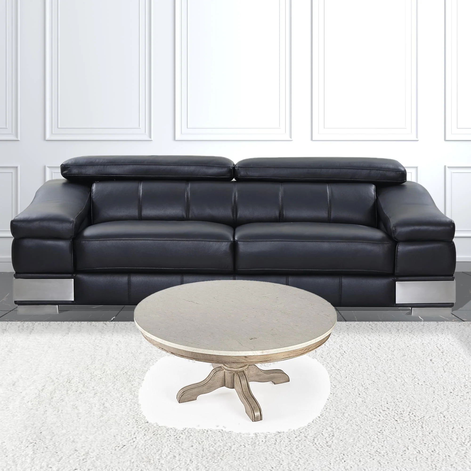 38" Beige And Off White Genuine Marble Round Distressed Coffee Table By Homeroots - Image 2