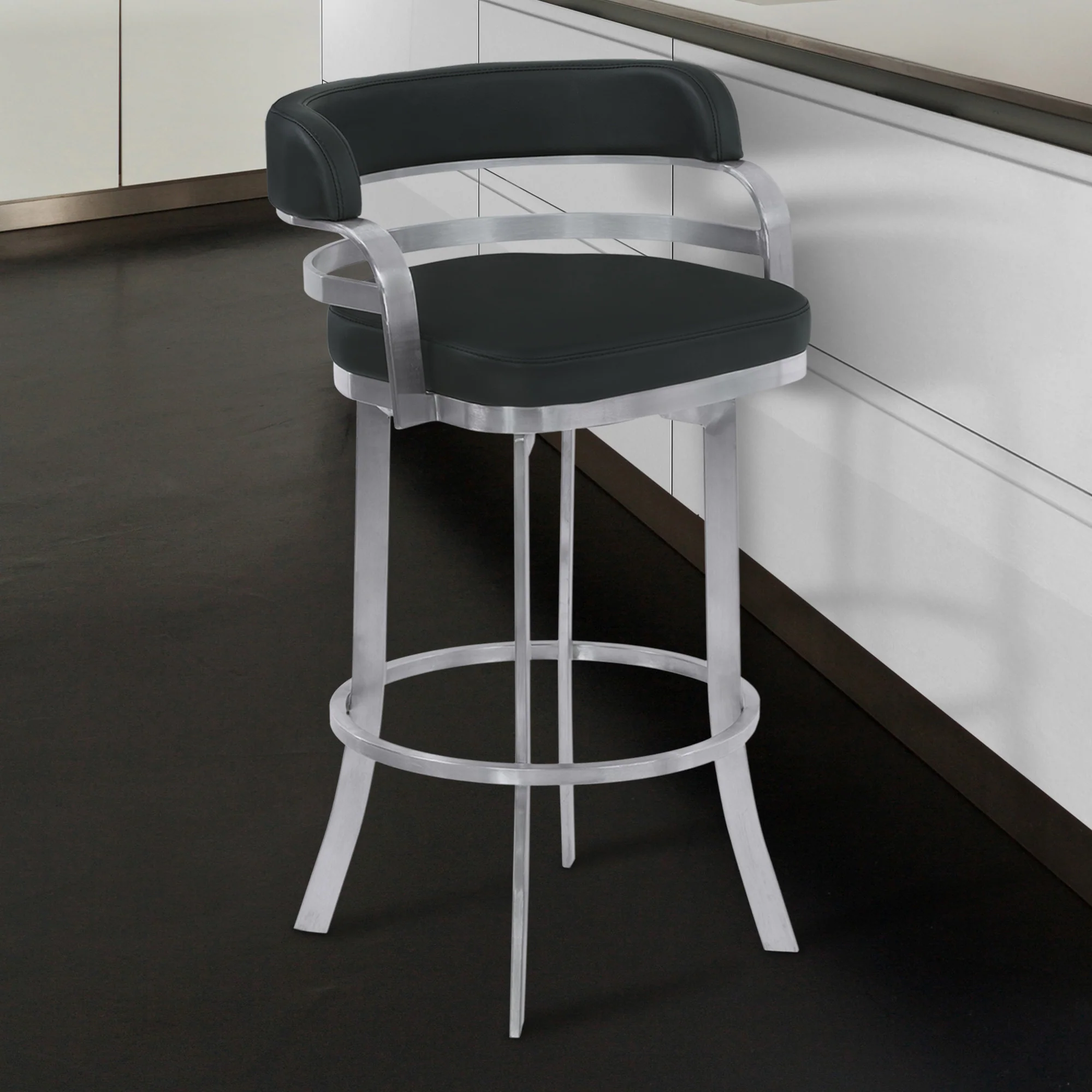 38" Black And Silver Faux Leather And Iron Swivel Low Back Bar Height Chair With Footrest By Homeroots - Image 8