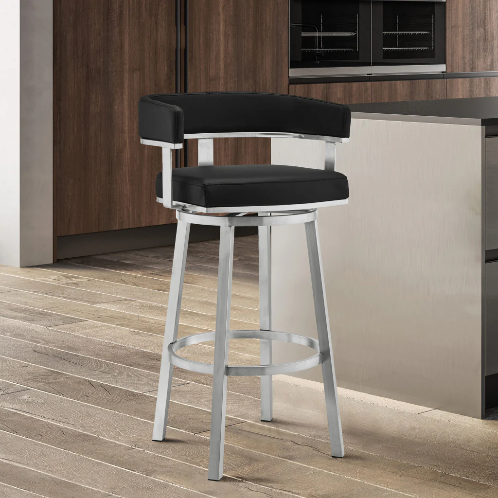 38" Black And Silver Faux Leather Swivel Low Back Bar Height Chair With Footrest By Homeroots - Image 8