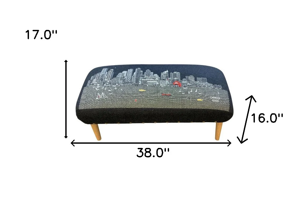 38" Black Boston Nighttime Skyline Embroidered Ottoman By Homeroots - Image 3