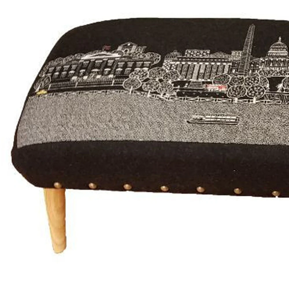 38" Black Washington DC Nighttime Skyline Embroidered Ottoman By Homeroots - Image 4