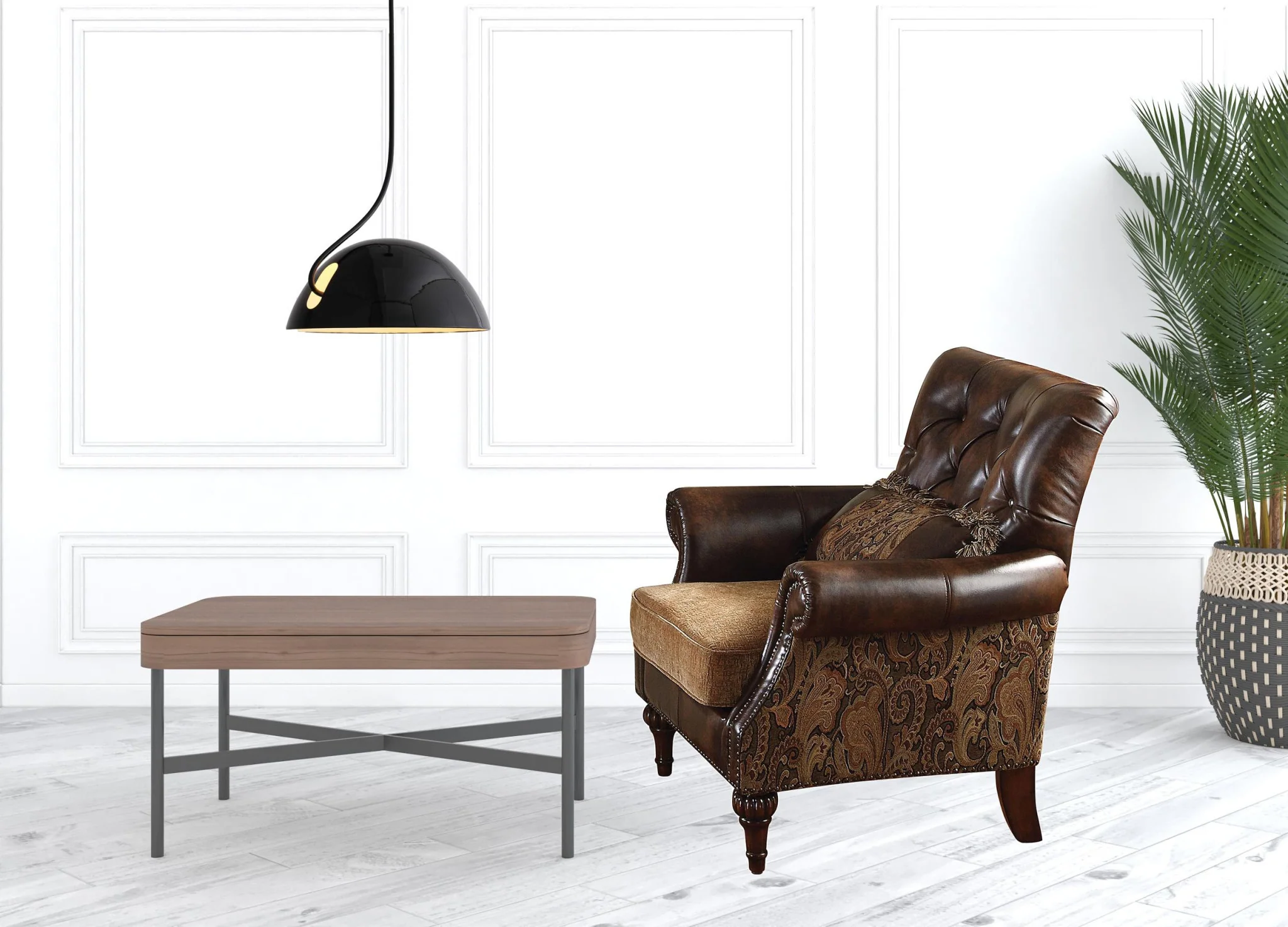 38" Brown And Black Faux Leather Floral Tufted Arm Chair By Homeroots - Image 2