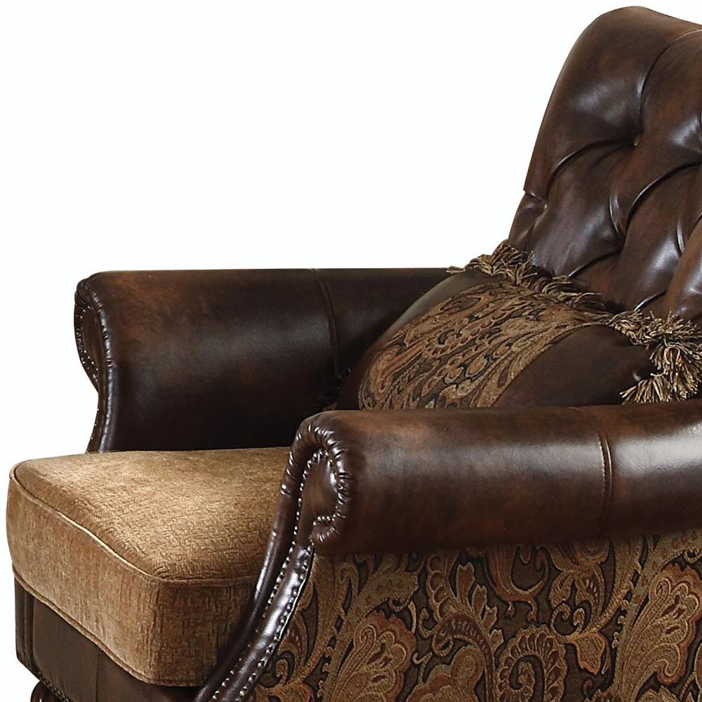 38" Brown And Black Faux Leather Floral Tufted Arm Chair By Homeroots - Image 3