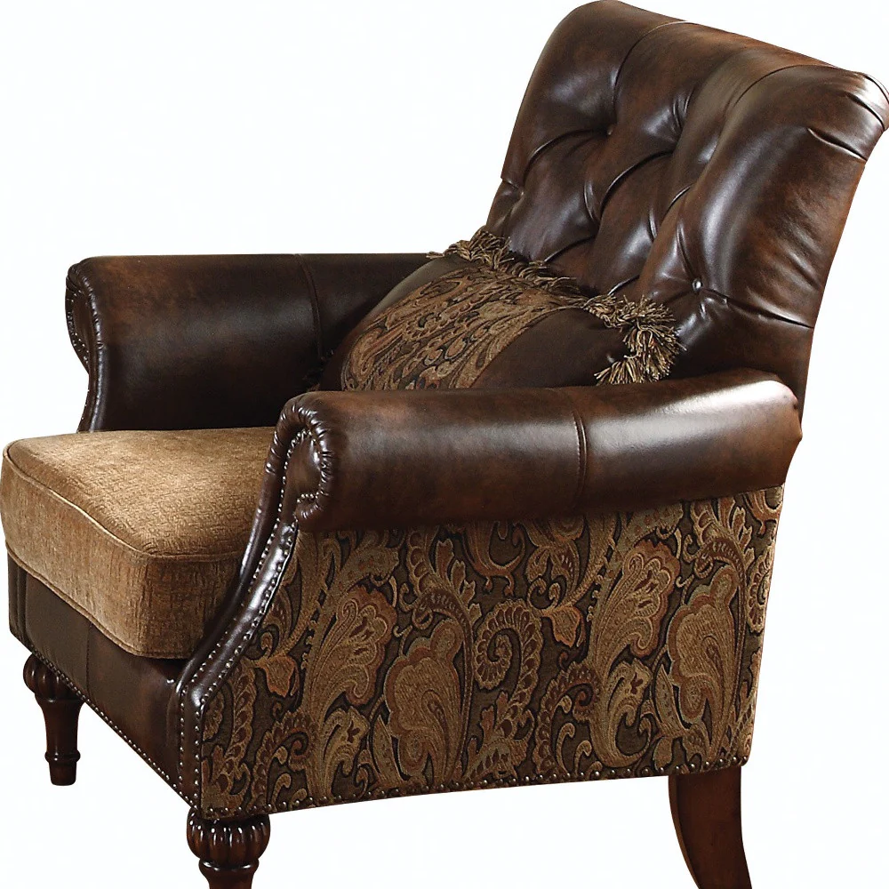 38" Brown And Black Faux Leather Floral Tufted Arm Chair By Homeroots - Image 4