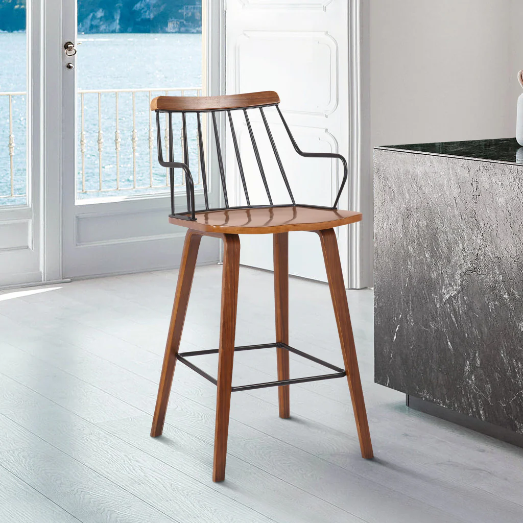 38" Brown Walnut and Metal Counter Height Bar Chair By Homeroots - Image 7