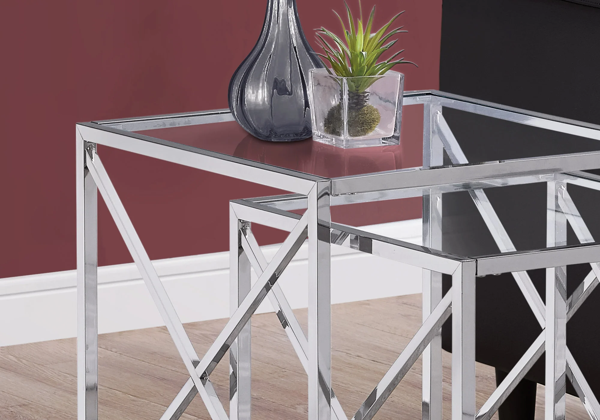 38" Chrome Metal and Tempered Glass Two Pieces Nesting Table Set By Homeroots - Image 3