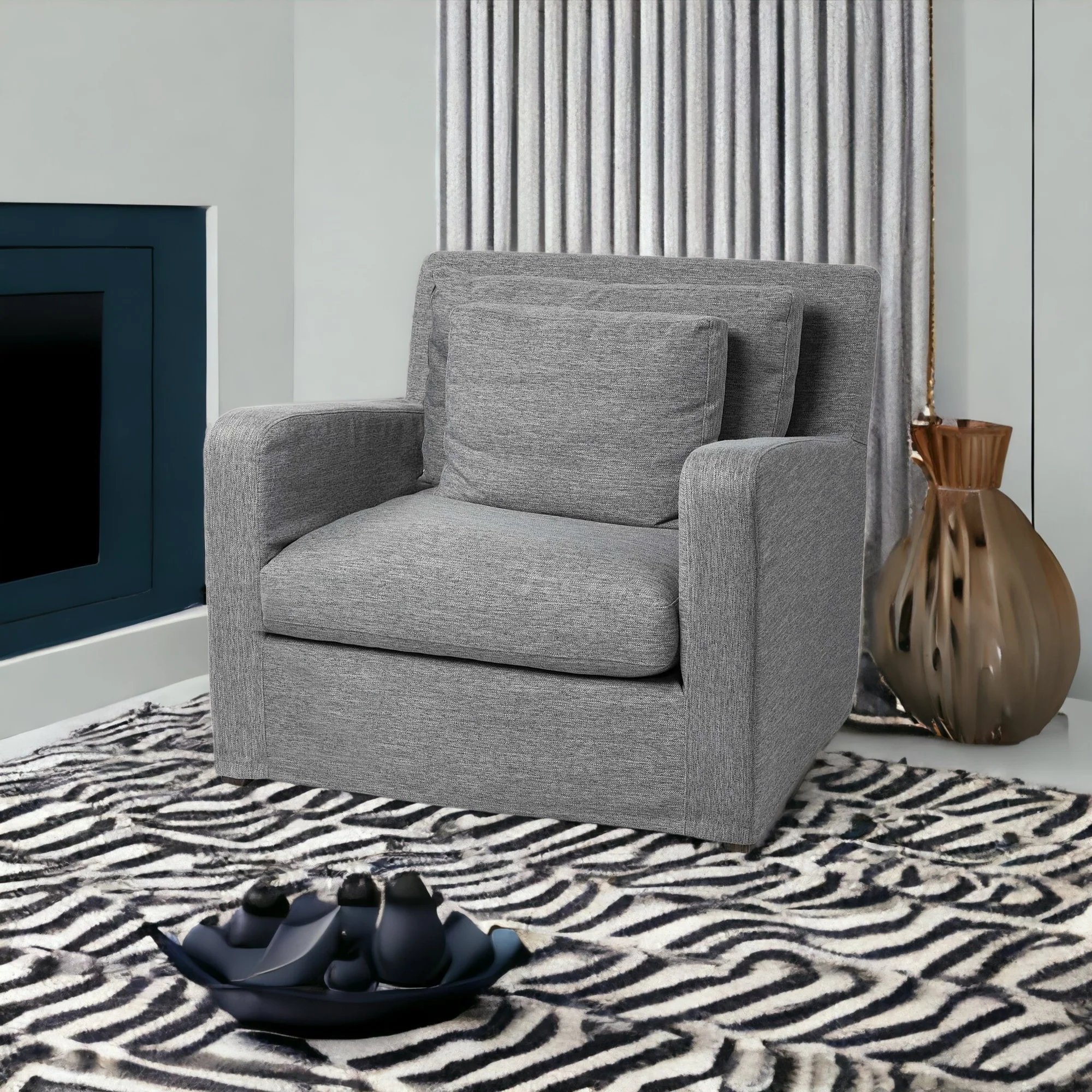 38" Gray And Wood Brown Linen Arm Chair By Homeroots - Image 2