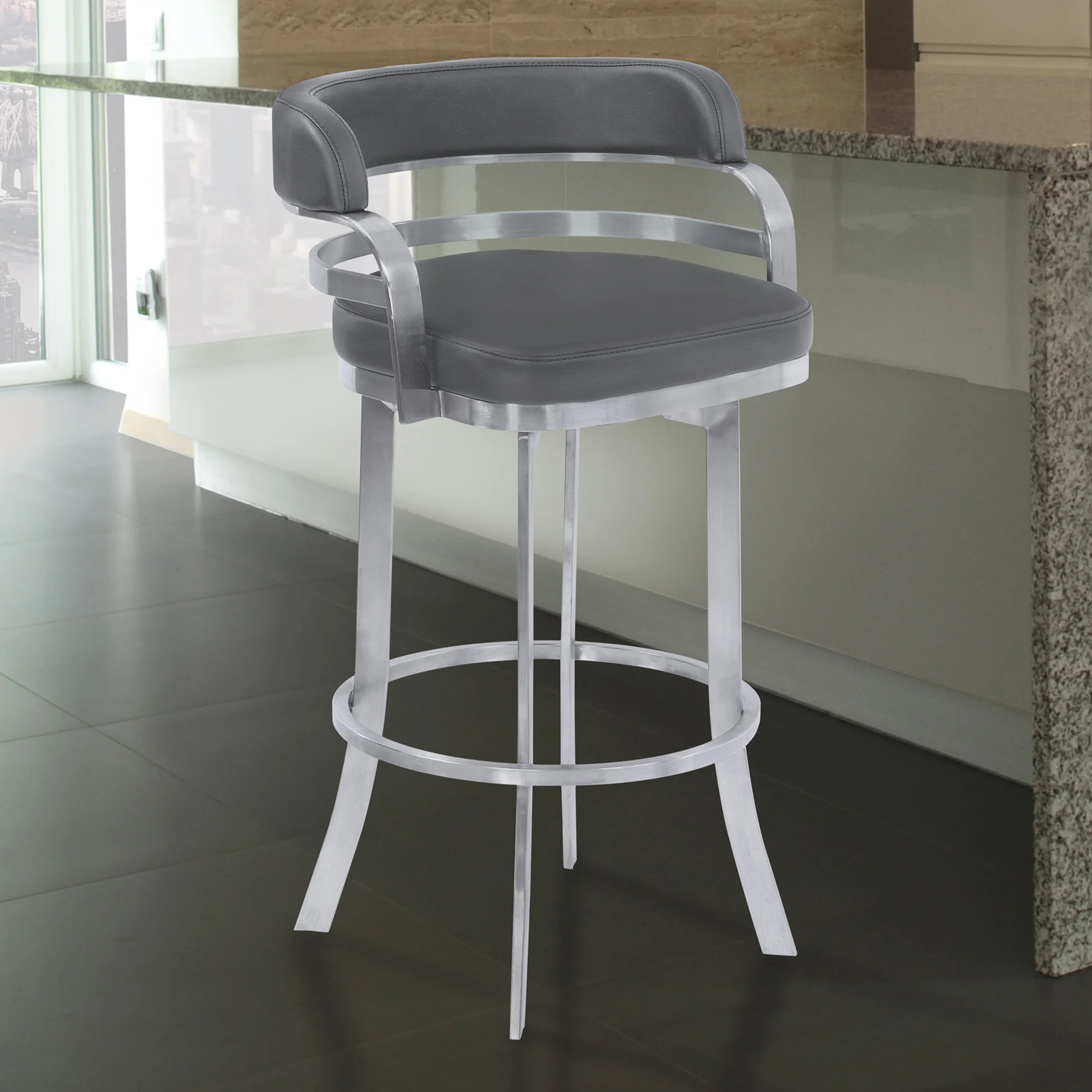 38" Gray Brushed Stainless Steel Bar Height Swivel Full Back Bar Chair By Homeroots - Image 8