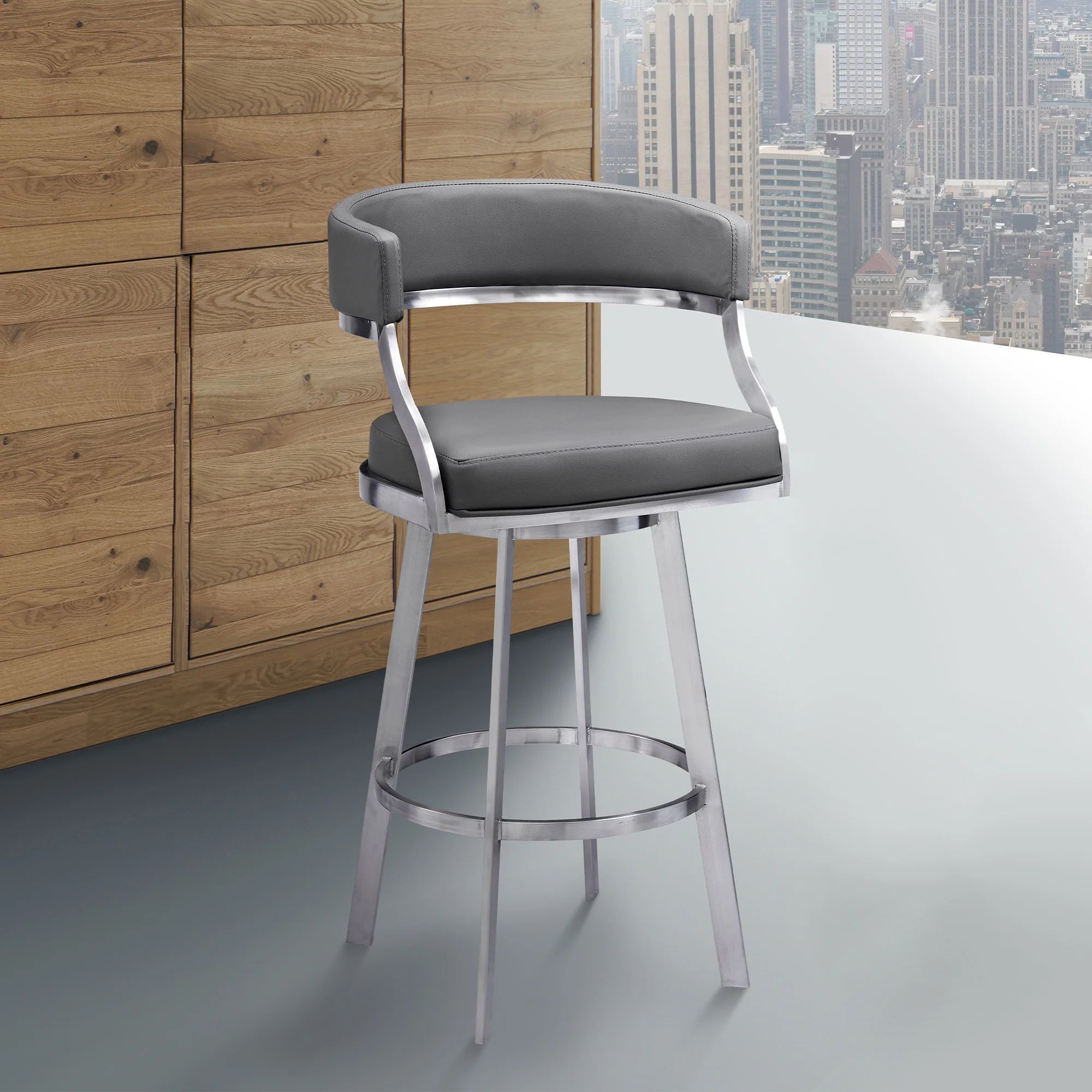 38" Gray Faux Leather And Iron Swivel Counter Height Bar Chair By Homeroots - Image 9