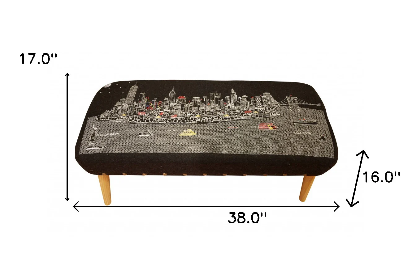 38" NYC Nighttime Skyline Embroidered Ottoman By Homeroots - Image 2