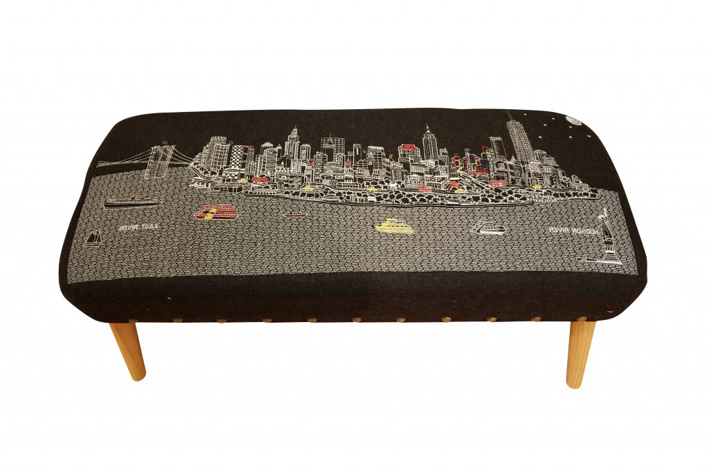 38" NYC Nighttime Skyline Embroidered Ottoman By Homeroots - Image 3